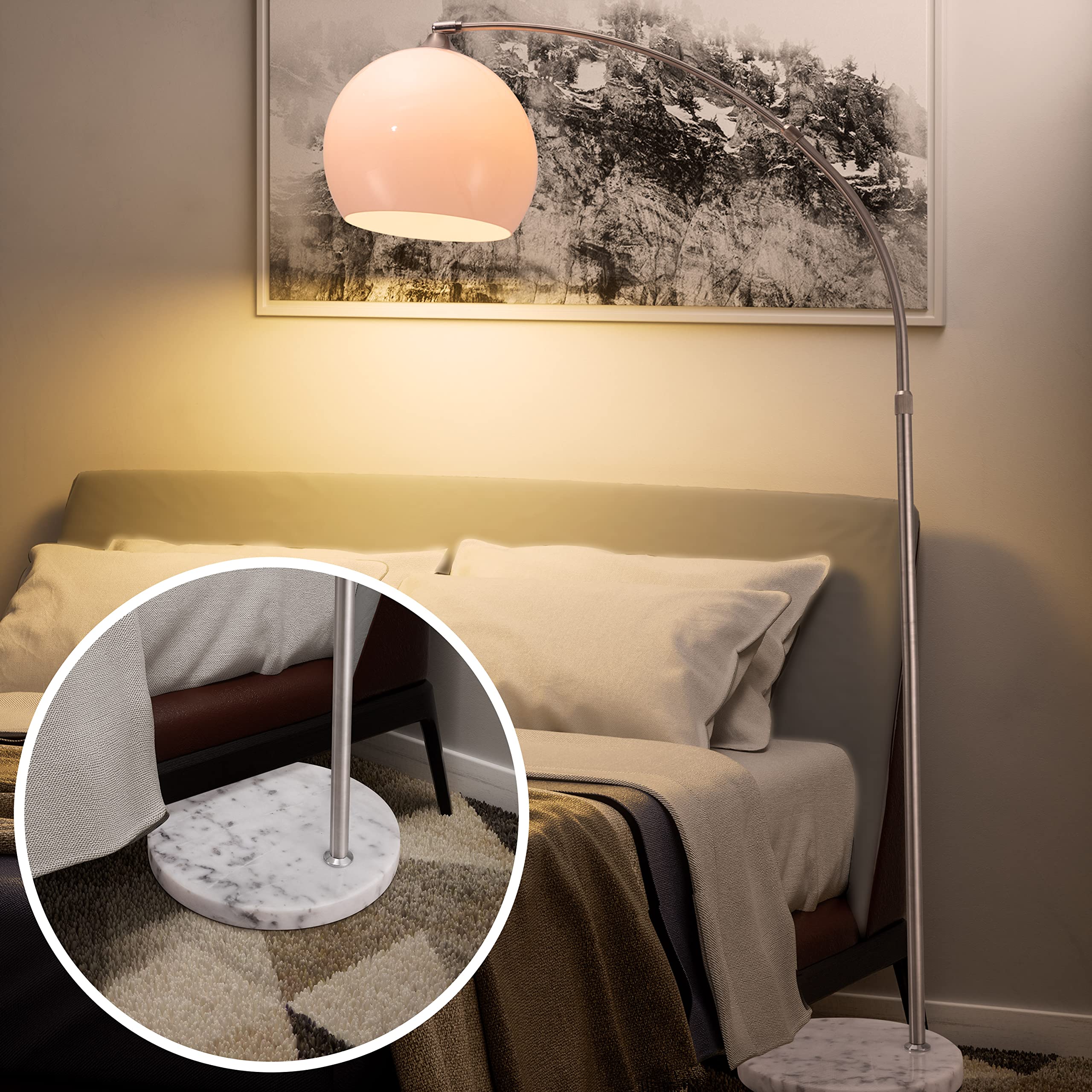 MONZANA® Bogenlampe Marmor 190-210 cm Höhenverstellbar Fußschalter Schwenkbar E27 Edelstahl 40W Wohnzimmer Schlafzimmer Stehlampe Standleuchte Weiß