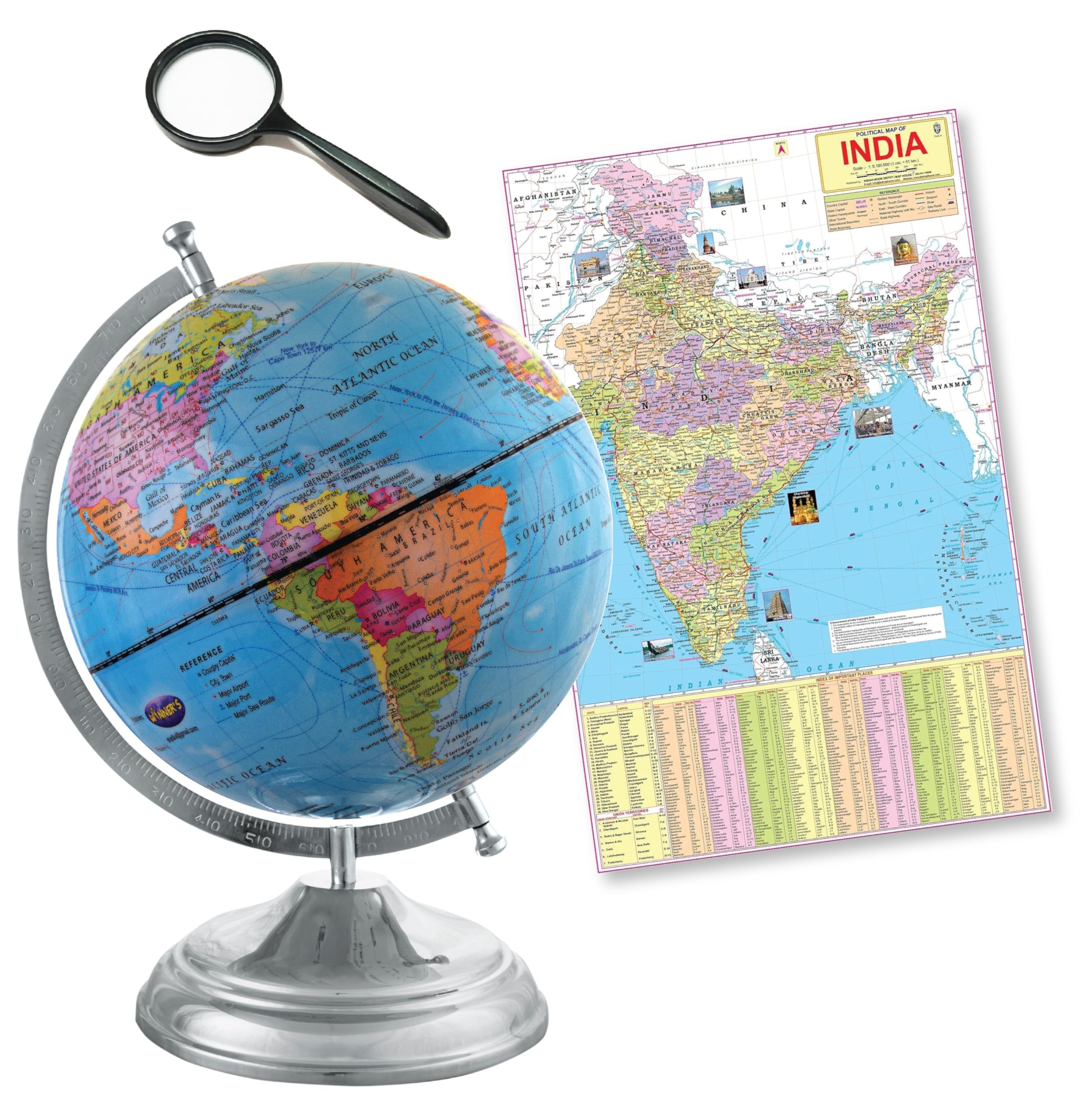 WINNER'S Ornate SINGLE JOINT Rotating Globe | Dia 25 Cm (10 Inch) Height 37 Cm (14.5 Inch) with Metal Arc & Round Stand | Educational & Decoravtive Globe