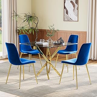 5-Piece Square Dining Table Set for 4,Dining Room Table Set with 36" Glass Dinner Table & 4 Blue Velvet Dining Chairs,Dining Room/Restaurant/Kitchen Party/Apartment/Bedroom.