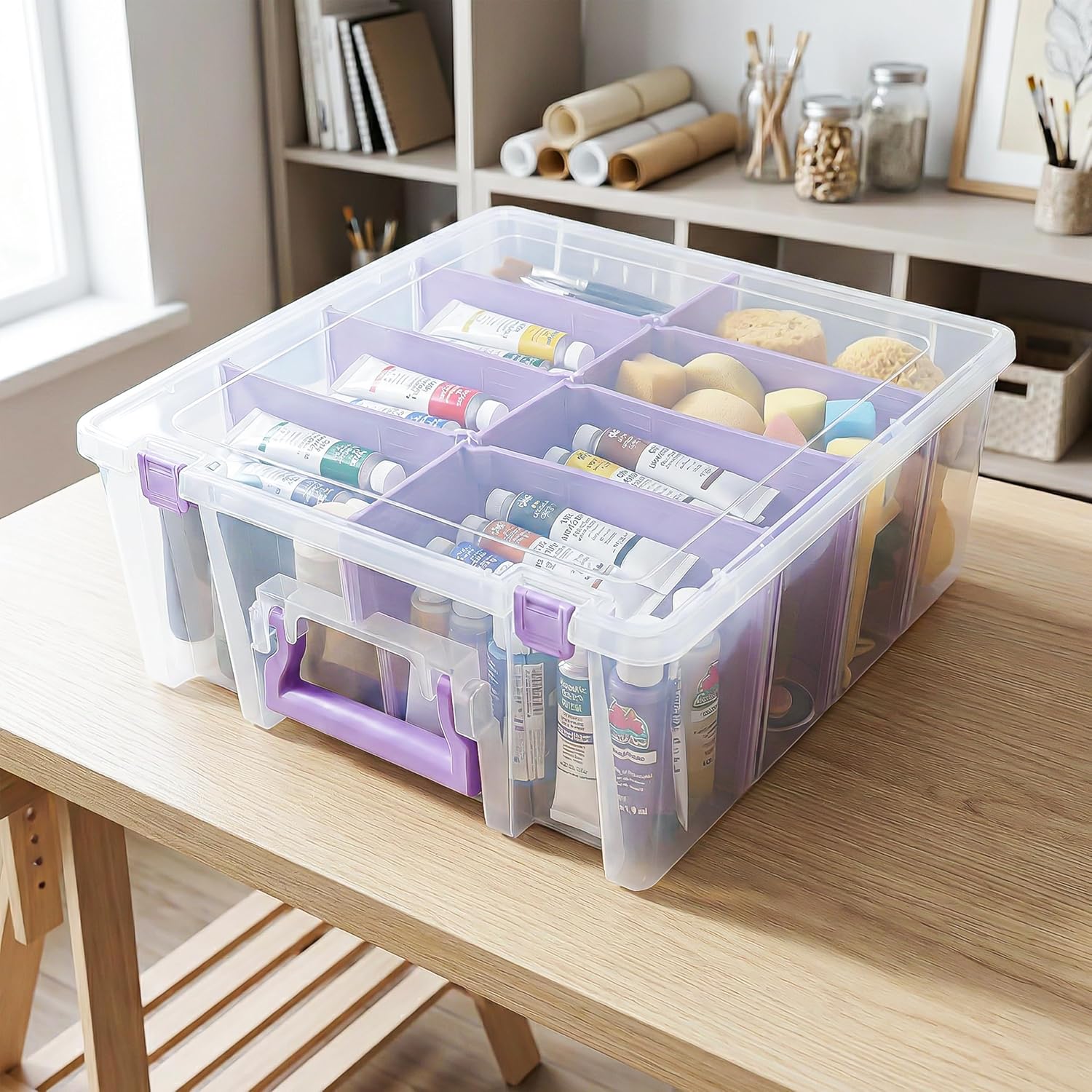 artbin 6990jz super satchel double deep compartment box - art storage with 8 removable compartments, smart closure for craft supplies (purple- pack of 1) purple pack of 1