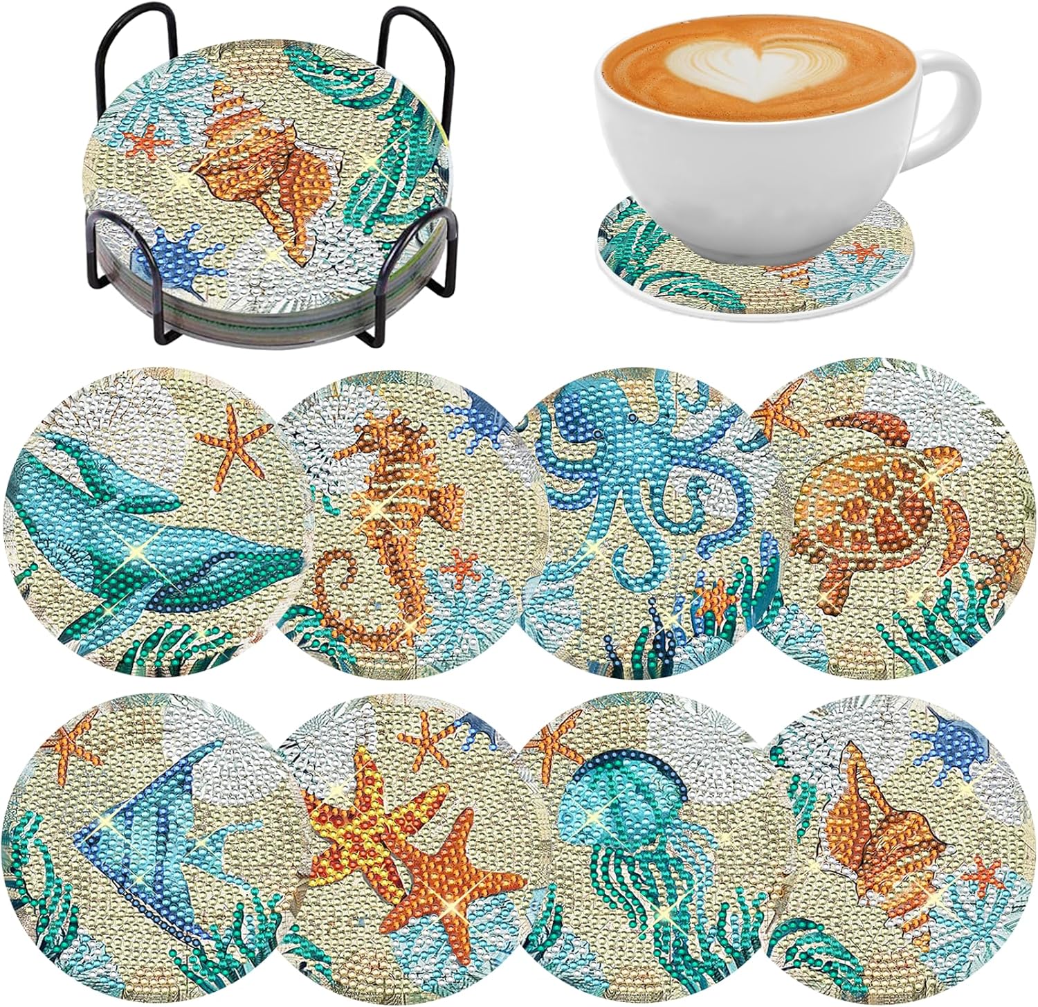 TDOOW Posavasos de pintura de diamante oceánico, 8 piezas de posavasos redondos de diamantes con soporte, posavasos de manualidades de diamantes