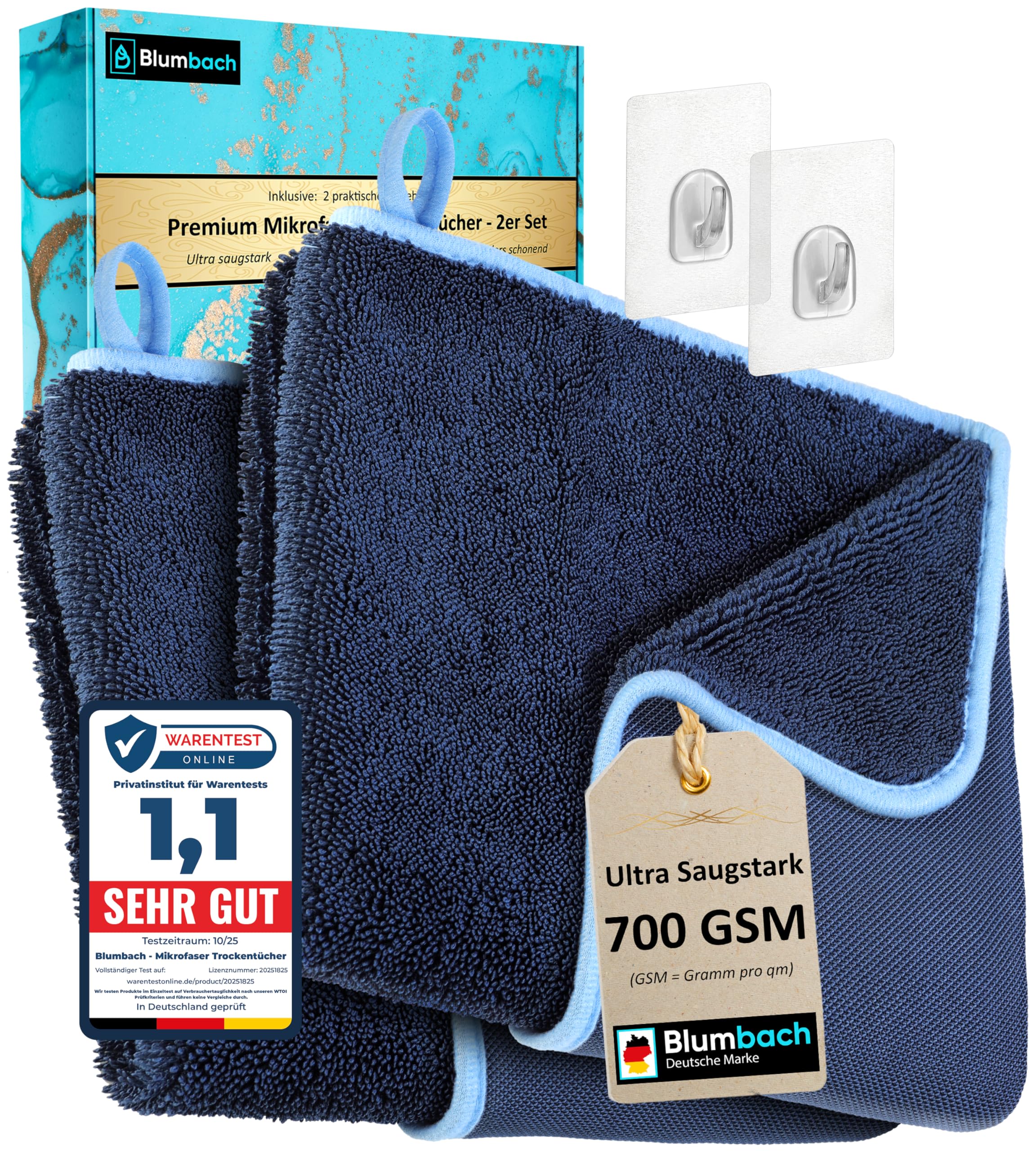 BLUMBACH® Trockentuch Dusche 2-Set 700 GSM 40x60cm | Extrem Saugstarkes Mikrofaser Putztuch, Trockentuch Auto | Ultra Wipes Trockentücher | Putztuch Bad & Auto | Deutsche Marke