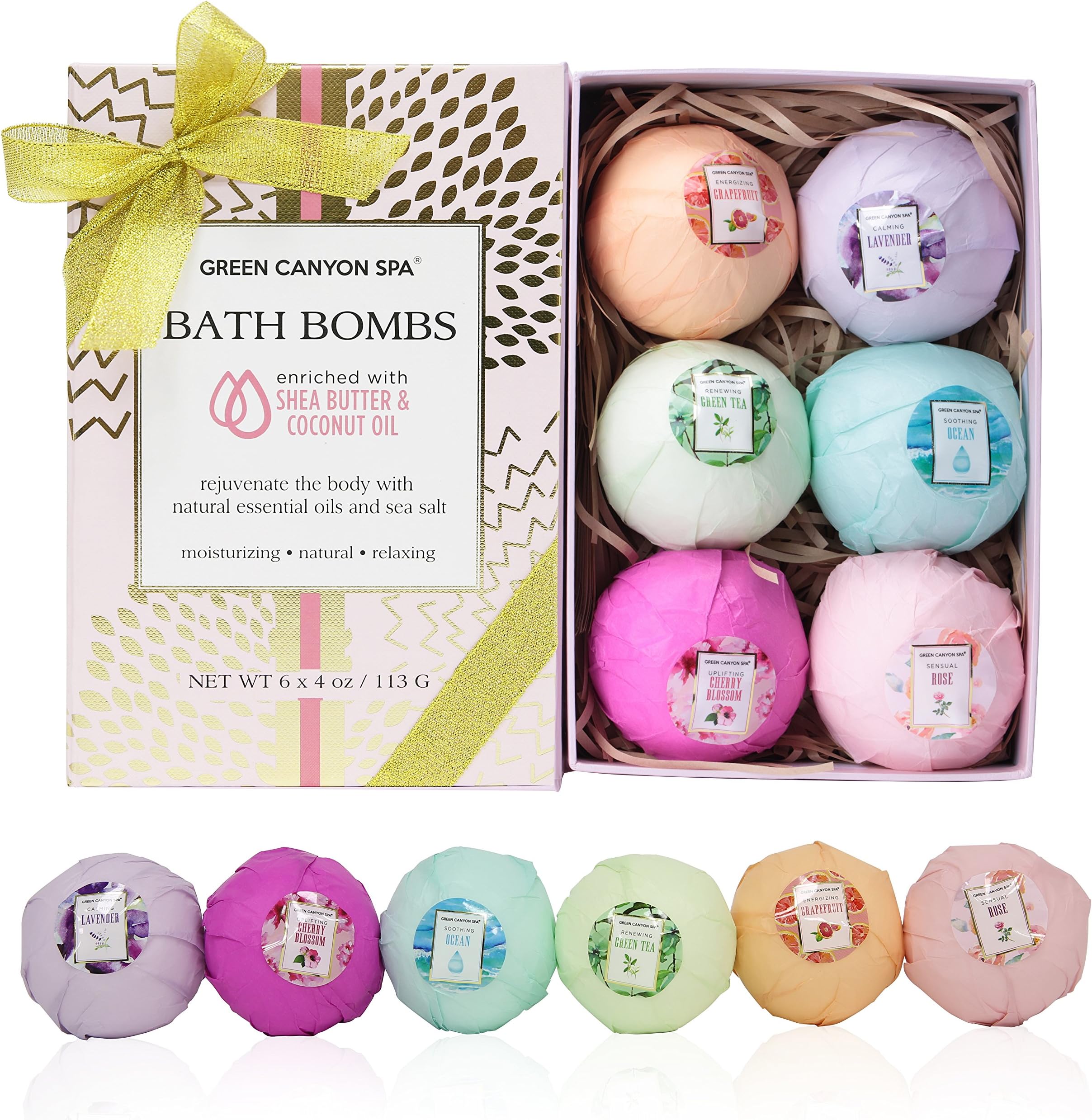 Natural Bath Bombs Luxury Gift Set with Shea Butter & Coconut Oil - 6 Extra Large Bath Fizzies with Moisturizing Ingredients for Dry Skin and Natural Essential Oils for Relaxation and Spa