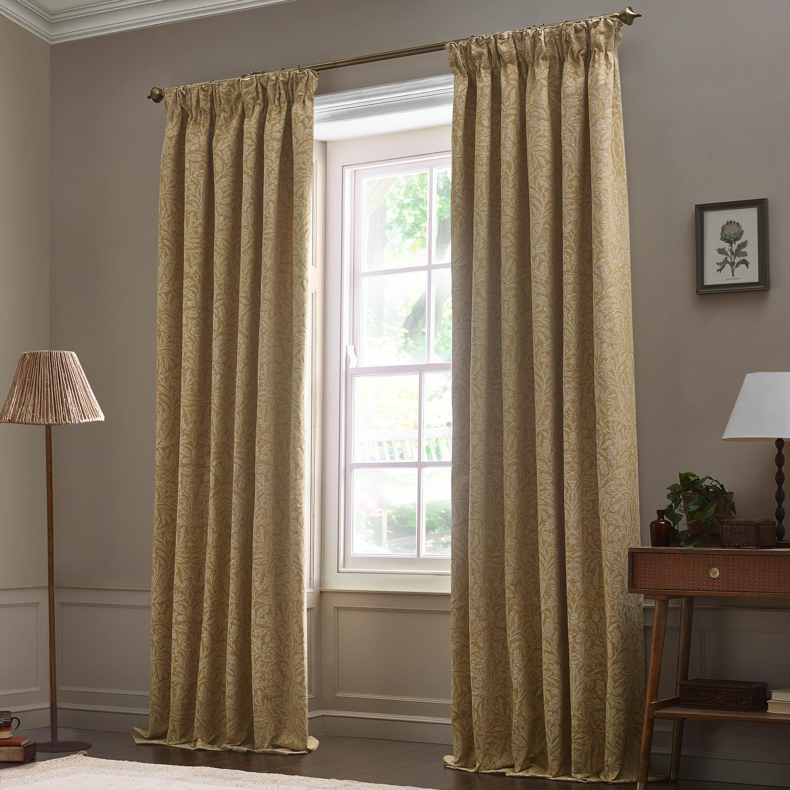 Morris&Co. Acorn Tonal Pencil Pleat Curtain Pair - Lined Matt Jacquard Drapes with Botanical Floral Design (Gold - 168x137cm)