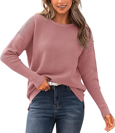 BTFBM Fall Sweaters for Women 2025 Casual Long Sleeve Sweater Striped Loose Fit Pullover Tops