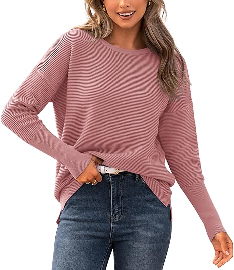 BTFBM Fall Sweaters for Women 2025 Casual Long Sleeve Sweater Striped Loose Fit Pullover Tops