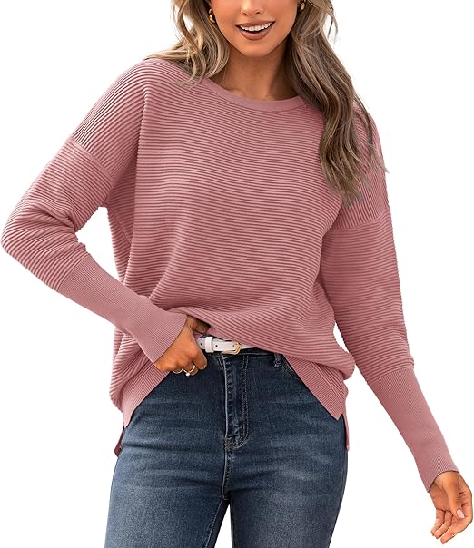 BTFBM Fall Sweaters for Women 2025 Casual Long Sleeve Sweater Striped Loose Fit Pullover Tops