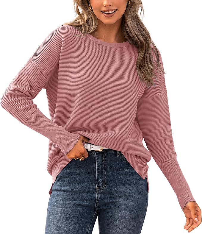 BTFBM Fall Sweaters for Women 2025 Casual Long Sleeve Sweater Striped Loose Fit Pullover Tops