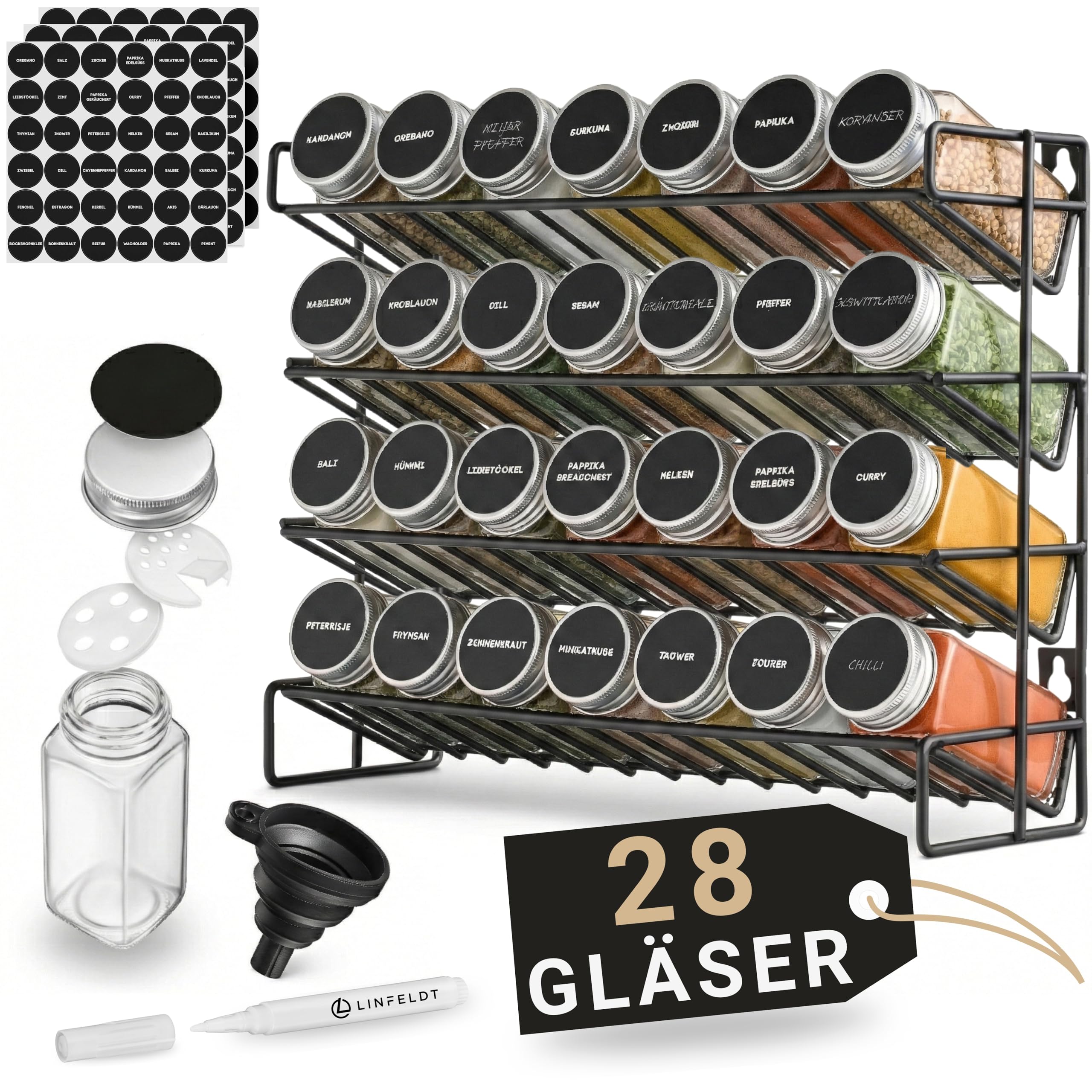 LINFELDT Gewürzregal 28 Gläser - 108 Sticker + Stift + Schrauben zum Hängen - Gewürzregal Stehend - Gewürzgläser mit Regal ohne Gewürze - 34,5x25x11,5