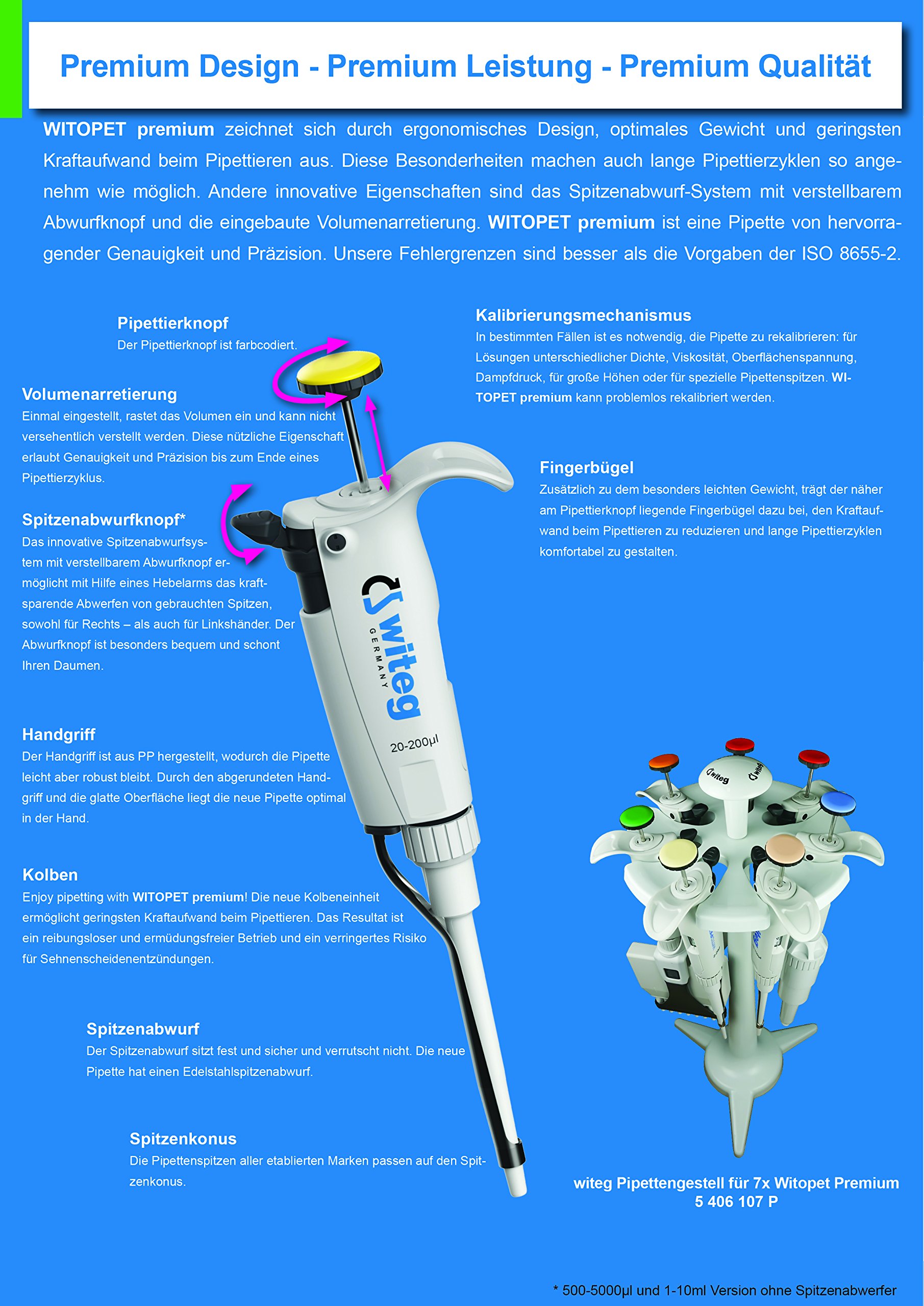 Mikroliterpipette WITOPET premium, 0,2-2,0 µl, höchste Genauigkeit und Präzision, ergonomisches Design, optimales Gewicht, geringer Kraftaufwand, DE-M, made in France