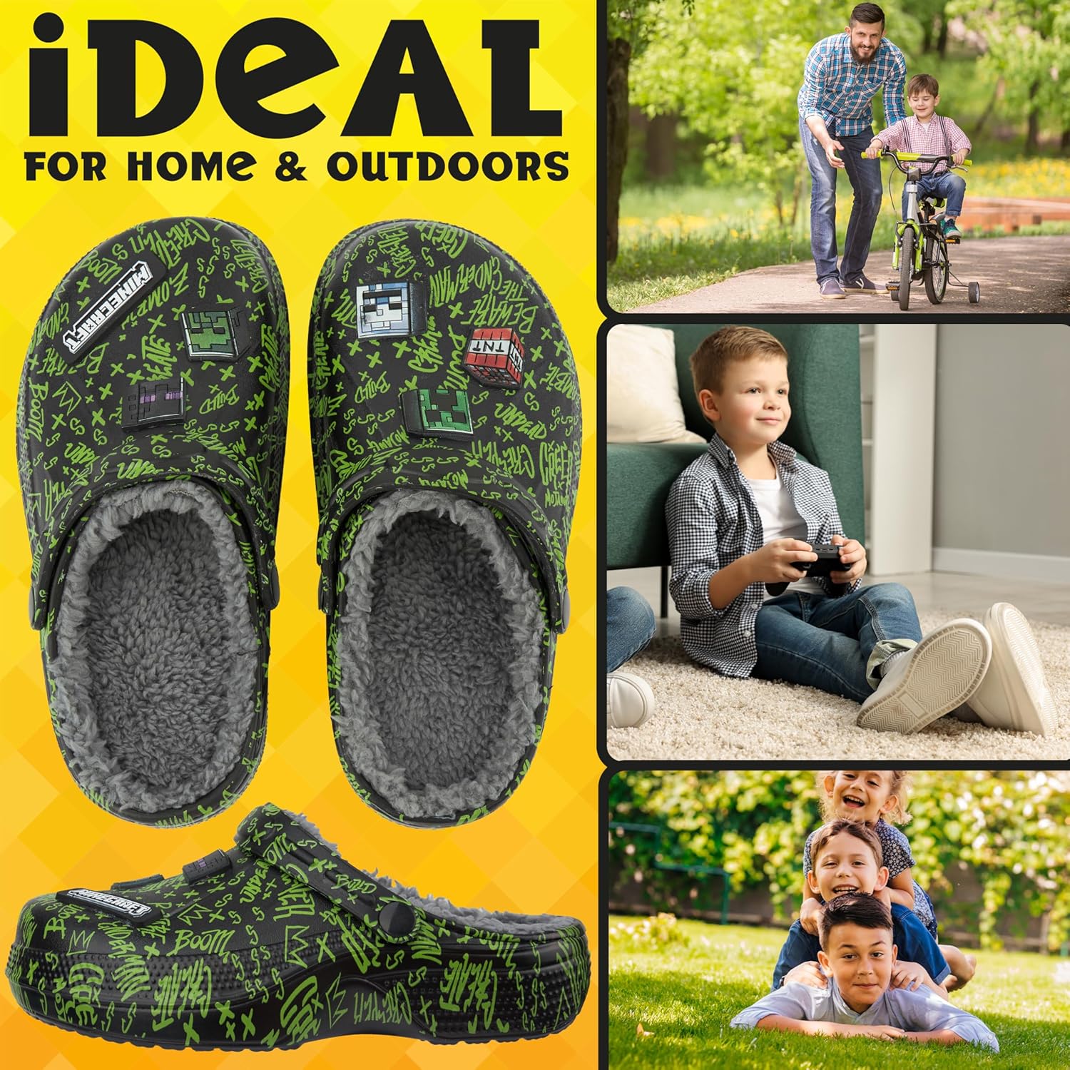 Get Trend Minecraft Clogs for Boys Teens, Fleece Non Slip Indoor Slippers, Kids House Shoes, Creeper Gamer Gifts for Boys - Image 2