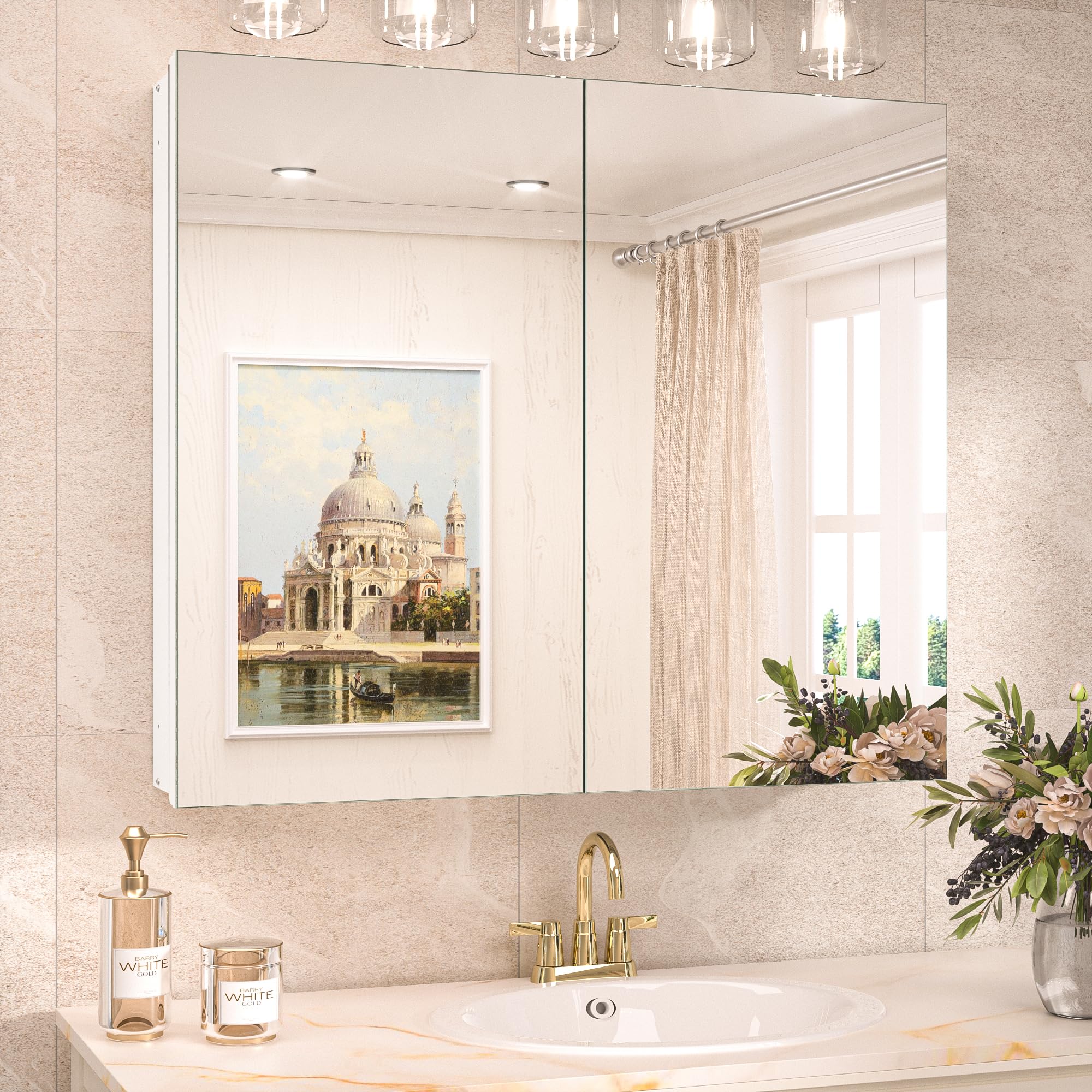 Photo 1 of TokeShimi 30x26 Medicine Cabinet Mirror with Storage Tempered Aluminum Recessed or Wall Mounted Cabinet White with Stepless Adjustable Metal Shelves for Bathroom Vanity Modern Farmhouse