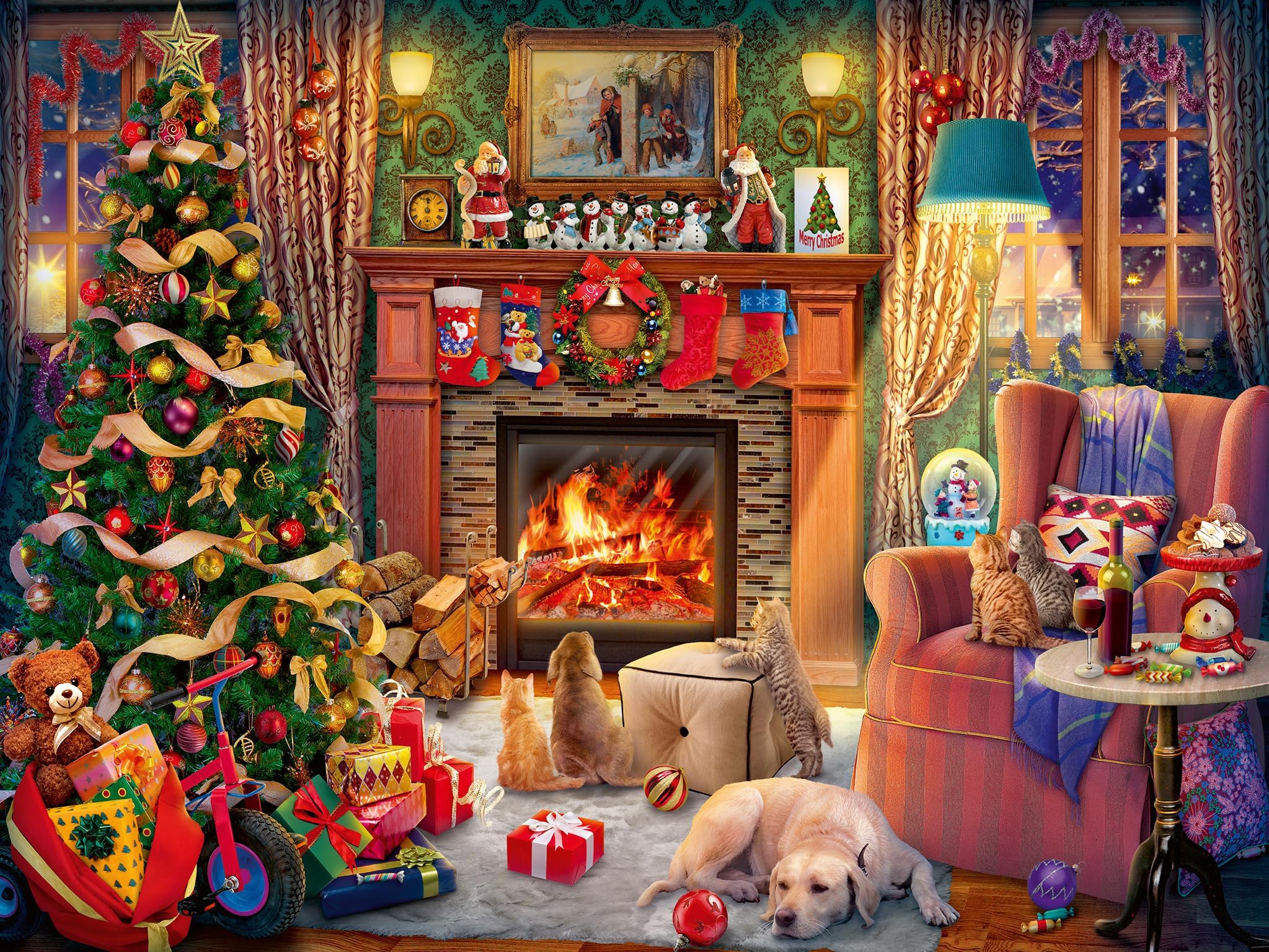 Christmas Eve - 1500 Piece Jigsaw Puzzle - Quaint Home for The Holidays Scene Featuring Toys, a Tree and The Family Pets - Premium Quality - Ages 12+