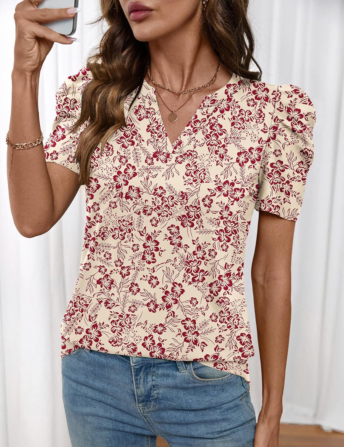 Lomon Spring Summer Tops for Women 2026 V Neck Puff Short Sleeve Tops Fashion Trendy Work Blouses Dressy Casual S-XXL - Image 3