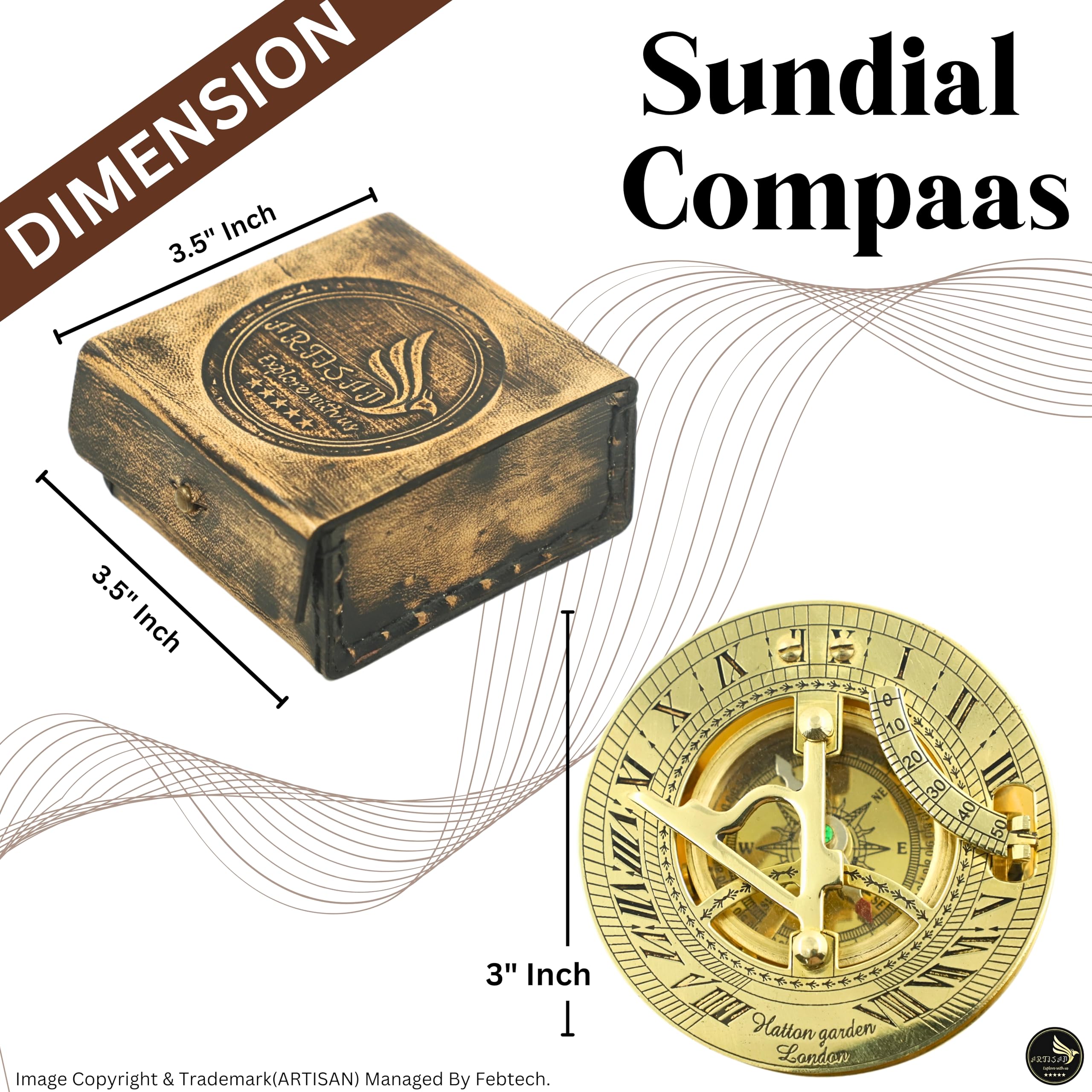 Nautical Solid Brass Round Sundial Compass with Design Leather Box, Brass Rustic Vintage Home Decor Gifts