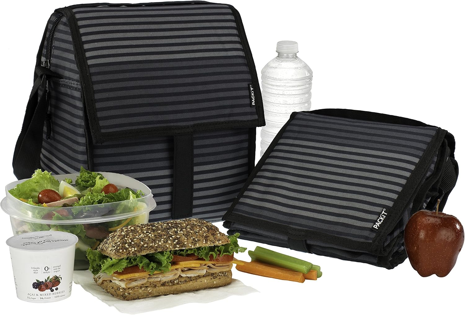 PackIt Freezable Deluxe Large Lunch Bag with Shoulder Strap, Gray Stripe