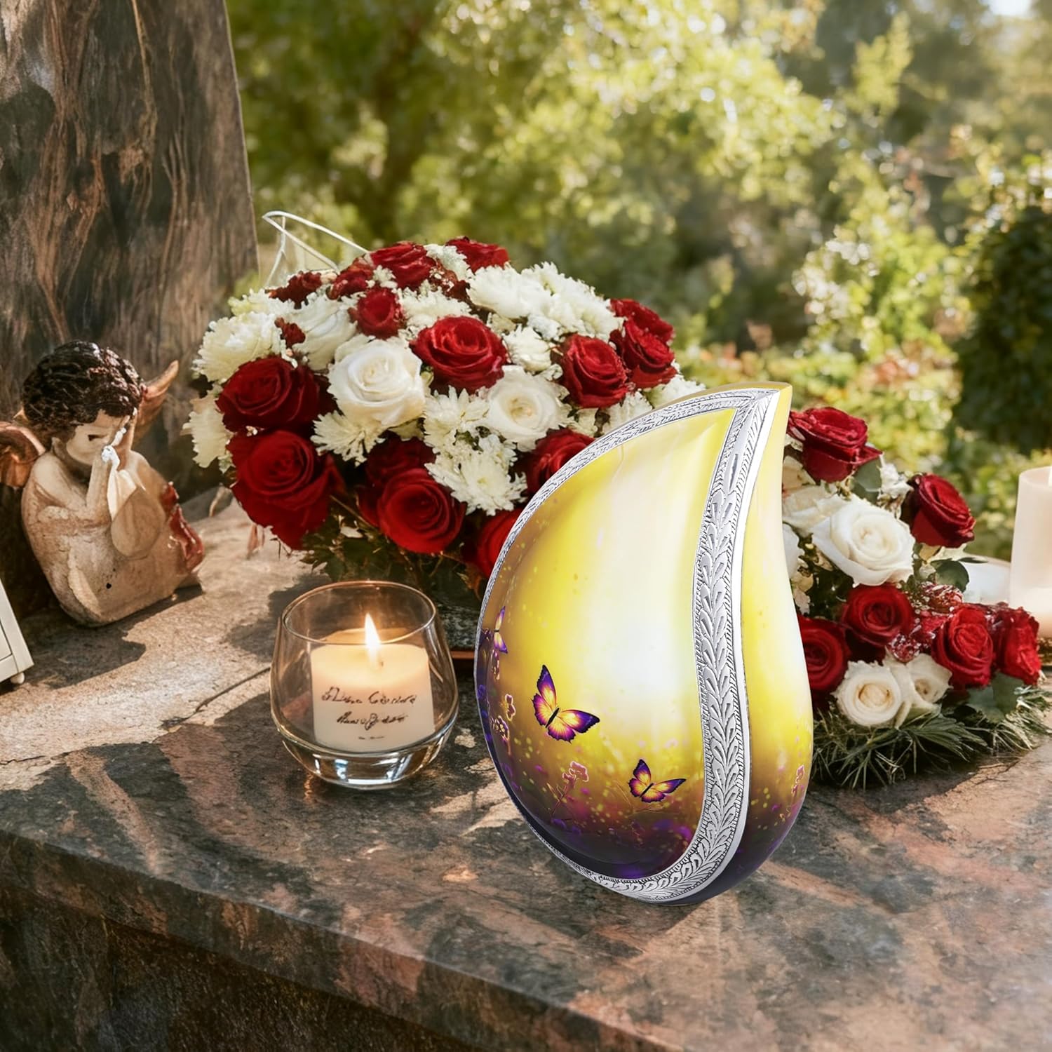 Urn for Ashes for Women & Men, Cremation Urns for Human Ashes Adult Female & Male, Funeral Cremation Urns, Decorative Tear Drop, Purple Butterfly and Lavender, Yellow - Large Teardrop - Image 4
