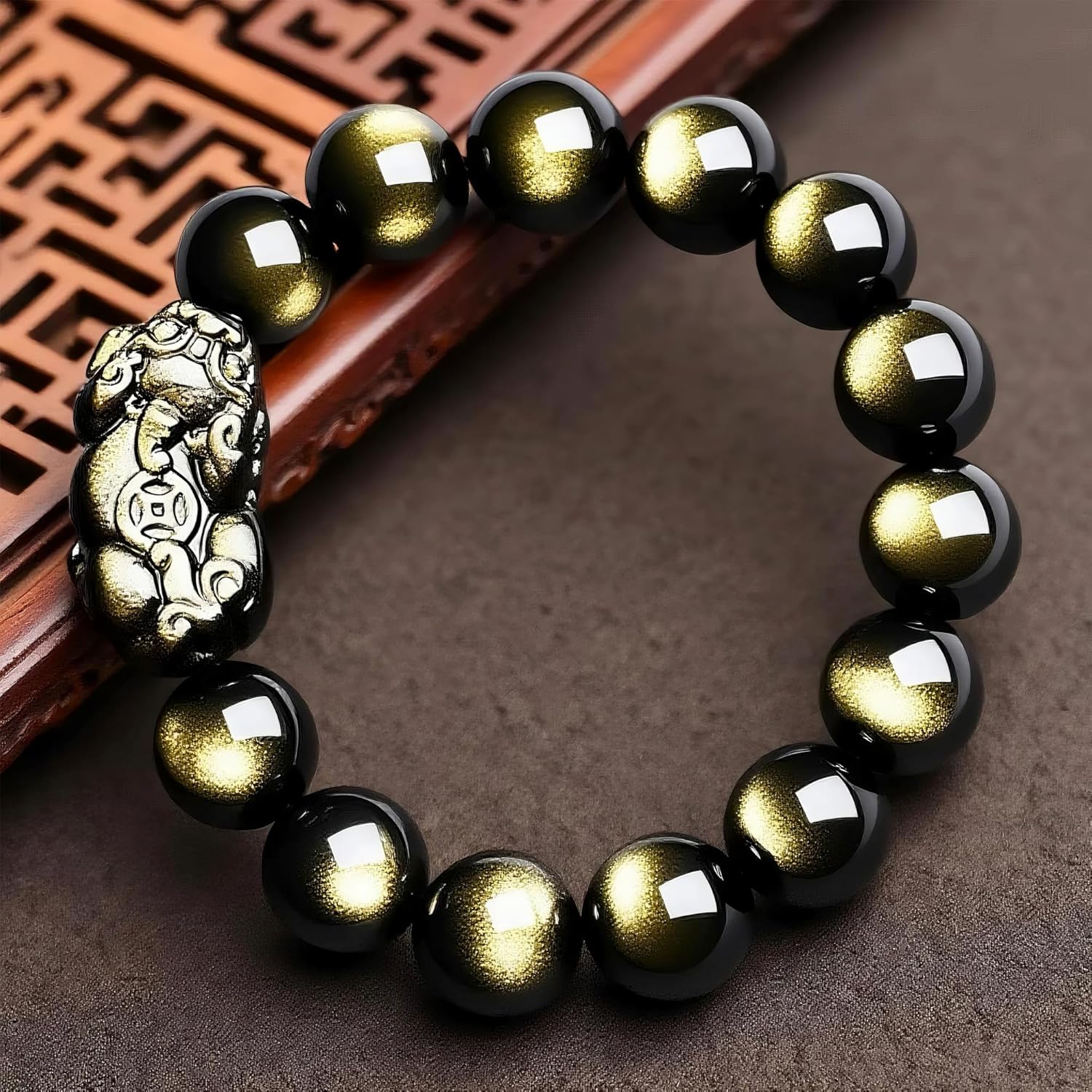 Natural Golden Obsidian Pi Xiu Bracelet for Men, Feng Shui Wealth Amulet, Beaded Stretch Good Luck Jewelry (14mm) - Image 4