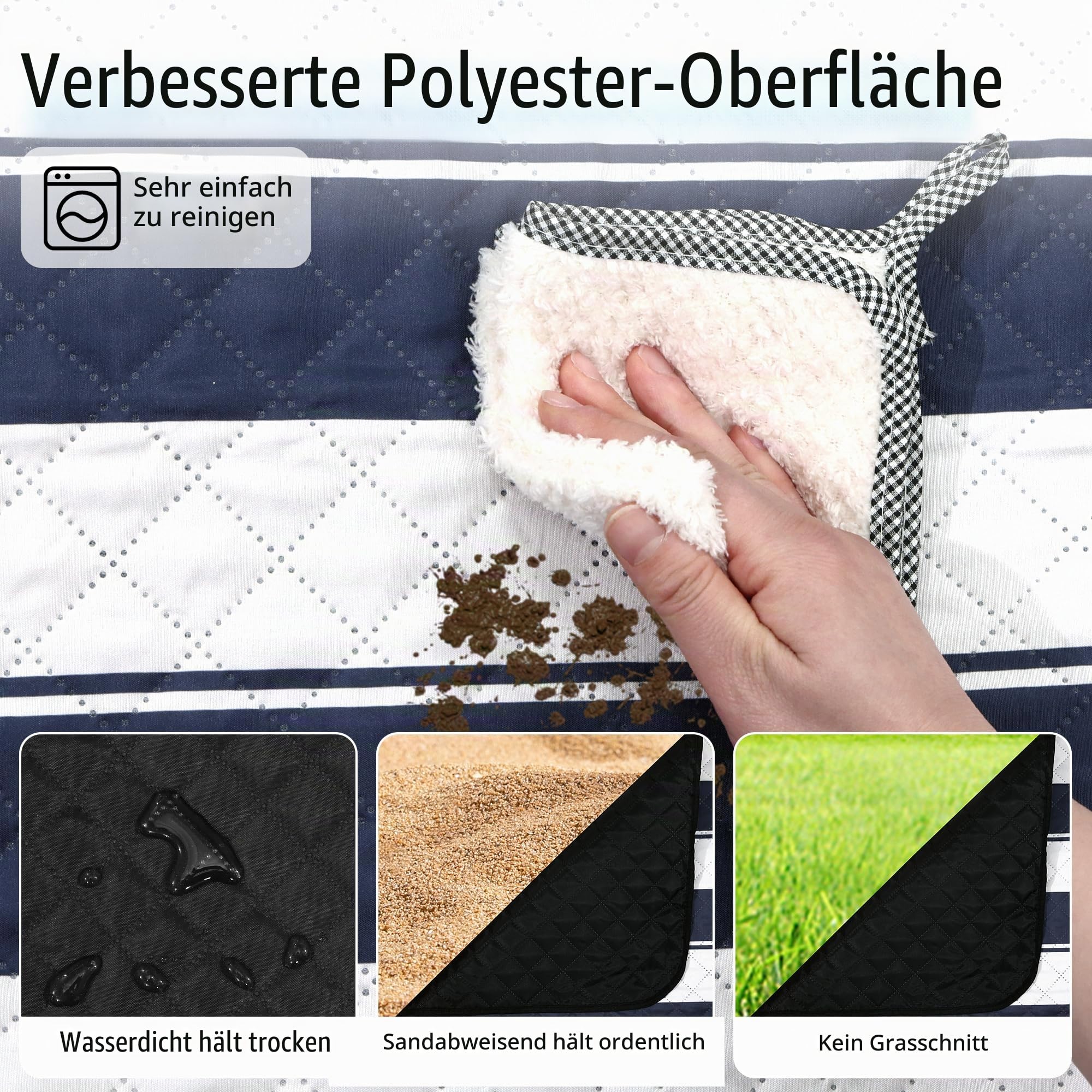 HX&OD Outdoor-Picknickdecke, extra groß, 203,2 x 203,2 cm, wasserdichte Picknickmatte, faltbar, Campingdecke, tragbar, mit Tragegurt für Strandmatte, Blau