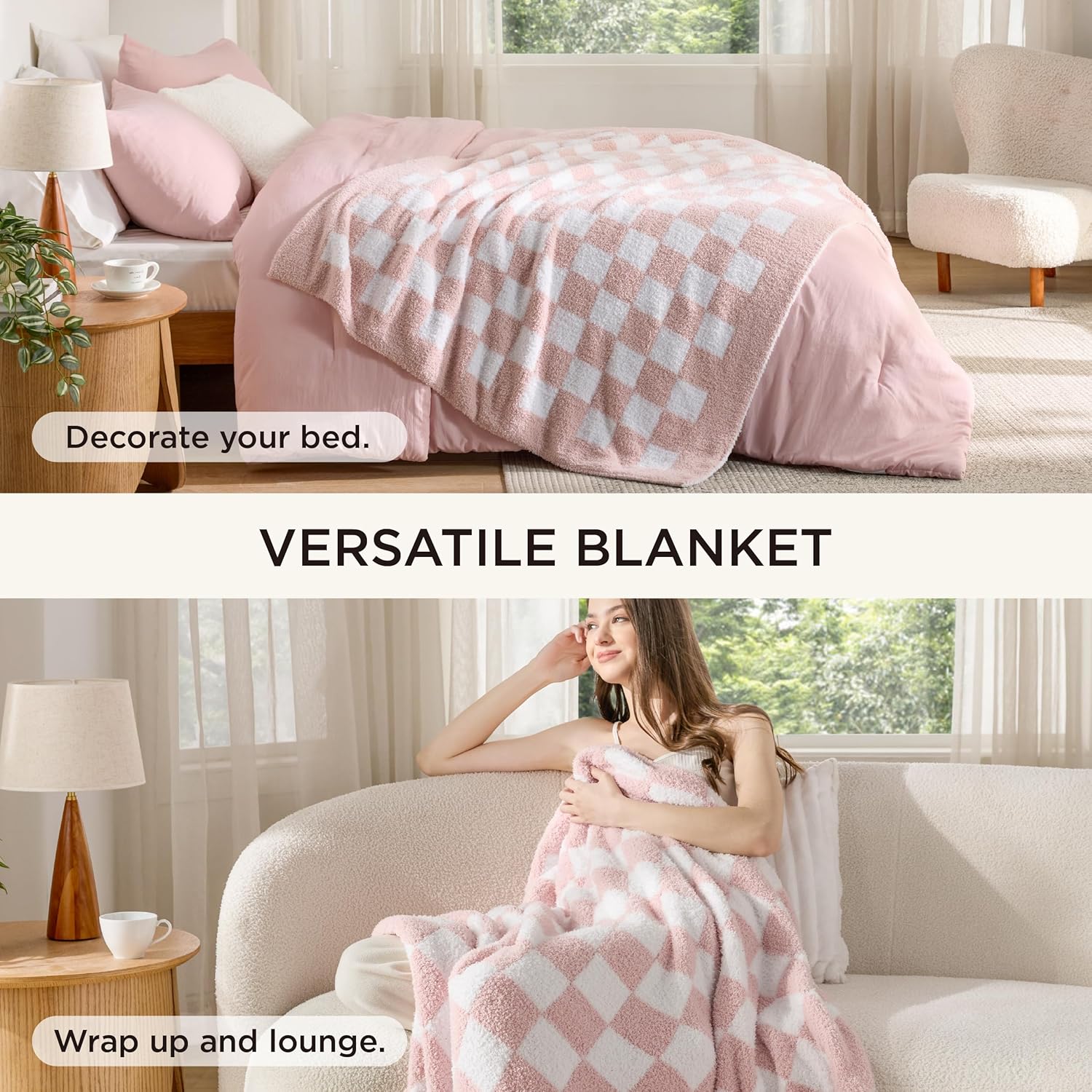 Bedsure Twin Comforter Set with Checkered Throw Blanket for Couch - 3 Pieces, 1 Pink Comforter Twin Size, 1 Pillow Sham, 1 Checkered Blanket, Super Soft, Lightweight & Fluffy for Bed & Sofa