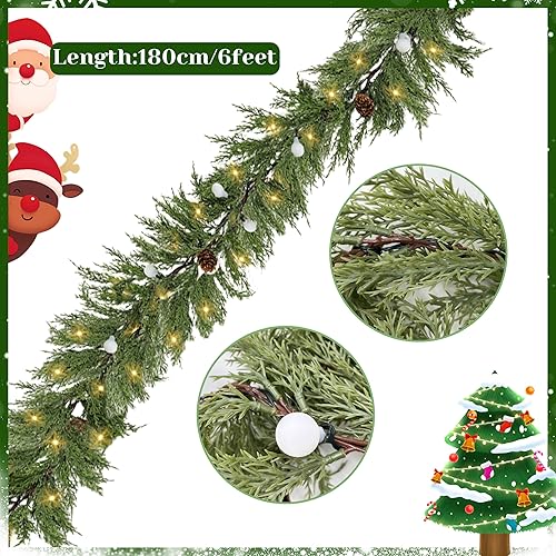 Miniatura 3 de Guirnalda de pino preiluminada realista con temporizador, guirnalda de Navidad sintética de 6 pies, funciona con pilas, guirnalda de invierno para