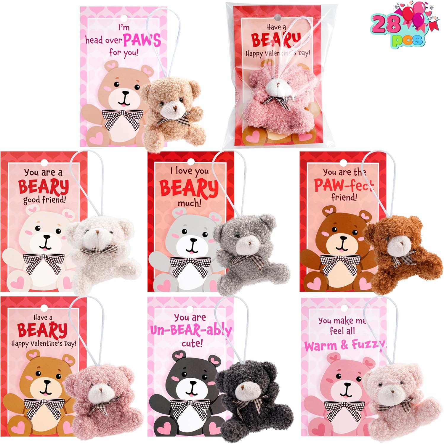 JOYIN 28 Pack Valentine's Day Mini Plush Animals Toys with Greeting Cards, Small Animal Keychains for Kids Valentine's Classroom Gift Exchange, Valentines Party Favor and Valentines Day Gifts Mini Bear