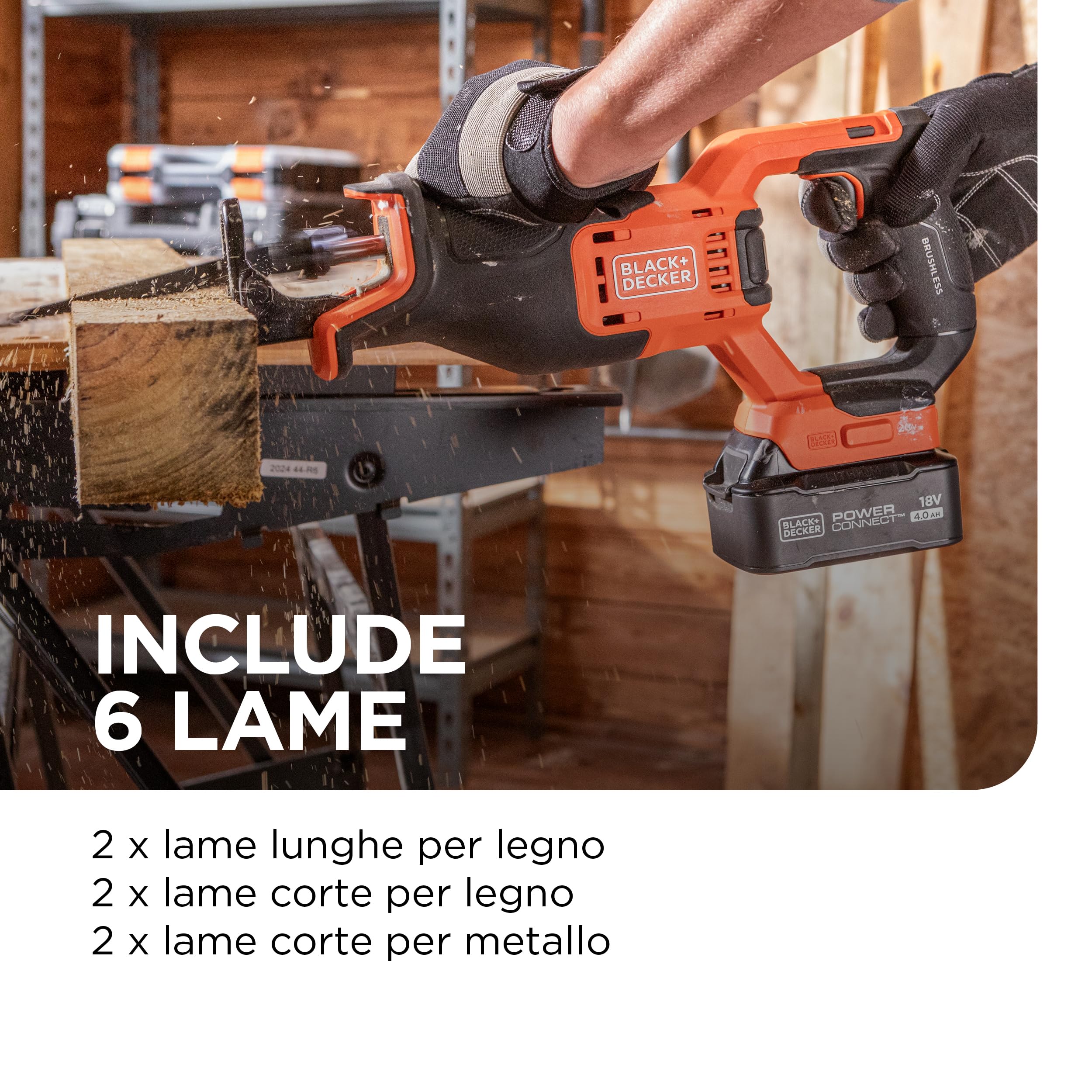 BLACK+DECKER Sega a gattuccio a batteria Brushless con luce di lavoro a LED e 6 lame per sega a gattuccio incluse, solo unità - senza batteria, BLCR78NAZ-XJ