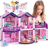 Tomleon Pink Purple Dollhouse with 2 Princesses, 4 Unicorns, Dog, Furniture - 5-Room Dream Toy for Girls Ages 2-8