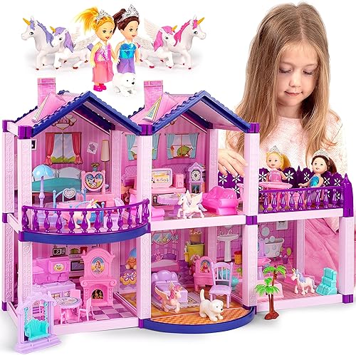 Casa de muñecas con 2 princesas, 4 unicornios, perro, muebles y accesorios – Casa de muñecas de ensueño rosa y morado juguete para niñas pequeñas –