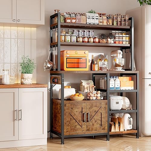 Miniatura 2 de EnHomee Estante para panaderos con toma de corriente, barra de café con gabinete de almacenamiento, soporte para microondas de 6 niveles, estante de