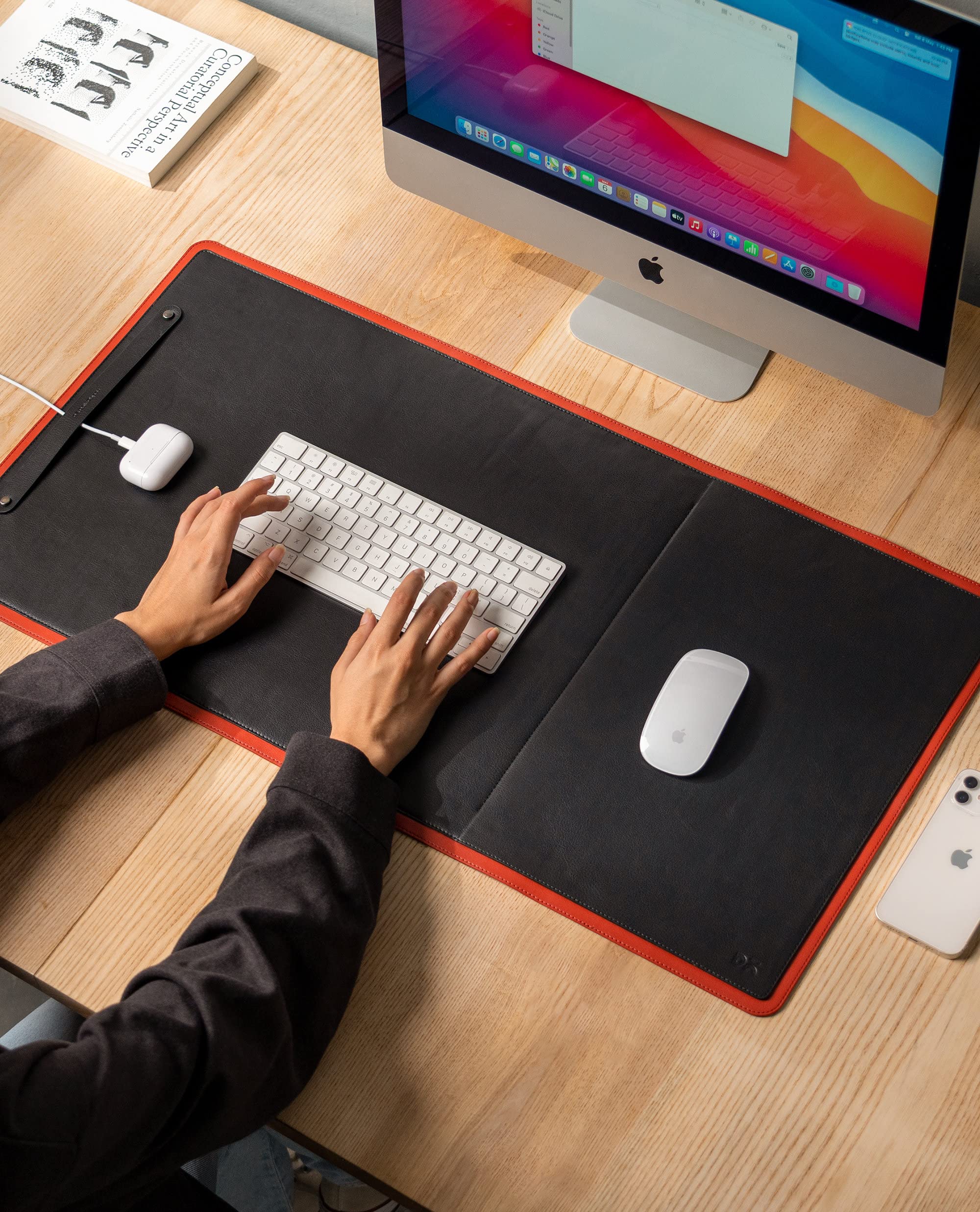 DailyObjects Dart Large Premium Vegan Leather Desktop/Laptop Desk Mat for Work from Home/Office/Gaming | Cable Organiser & Hideway Storage | Extended Mousepad & Water-Resistant - Red - Model - R2