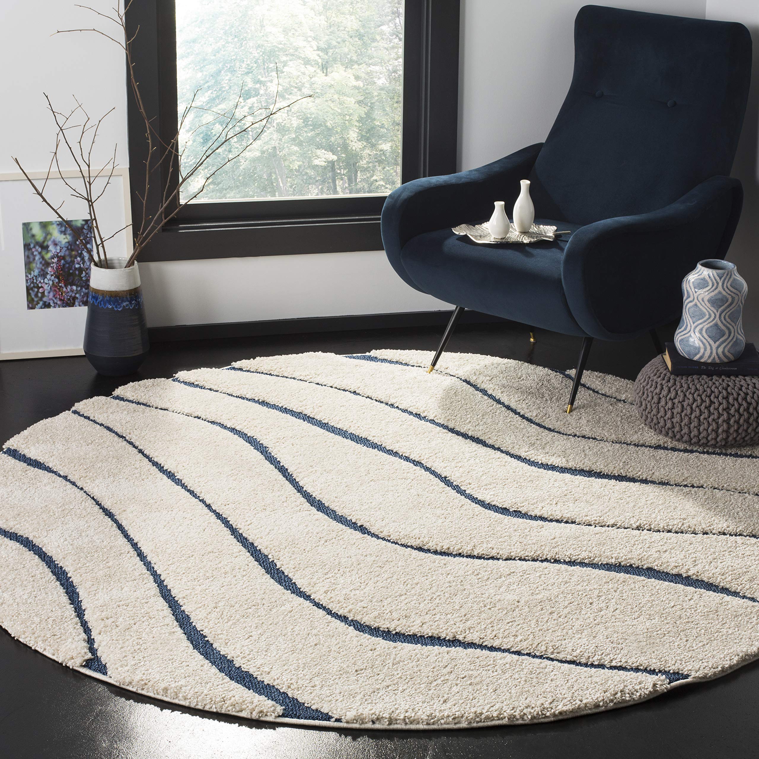 Tapis Shag salon 152x152 cm tapis à poil long bleu et crème