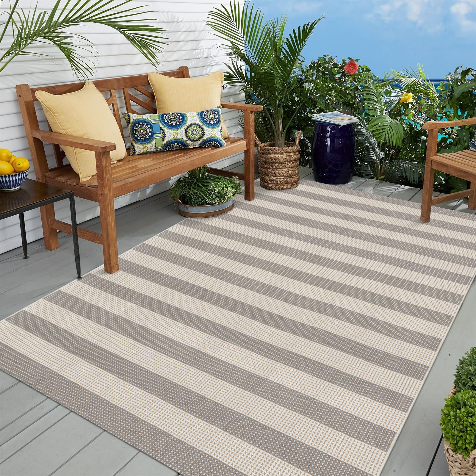Photo 1 of OJIA Outdoor Rug 5'x7' Striped Patio Rug Washable Indoor Outdoor Carpet Cotton Woven Outside Farmhouse Enrtyway Rug Large Area Rugs for Living Room Bedroom Backyard (Gray/White/Tan)