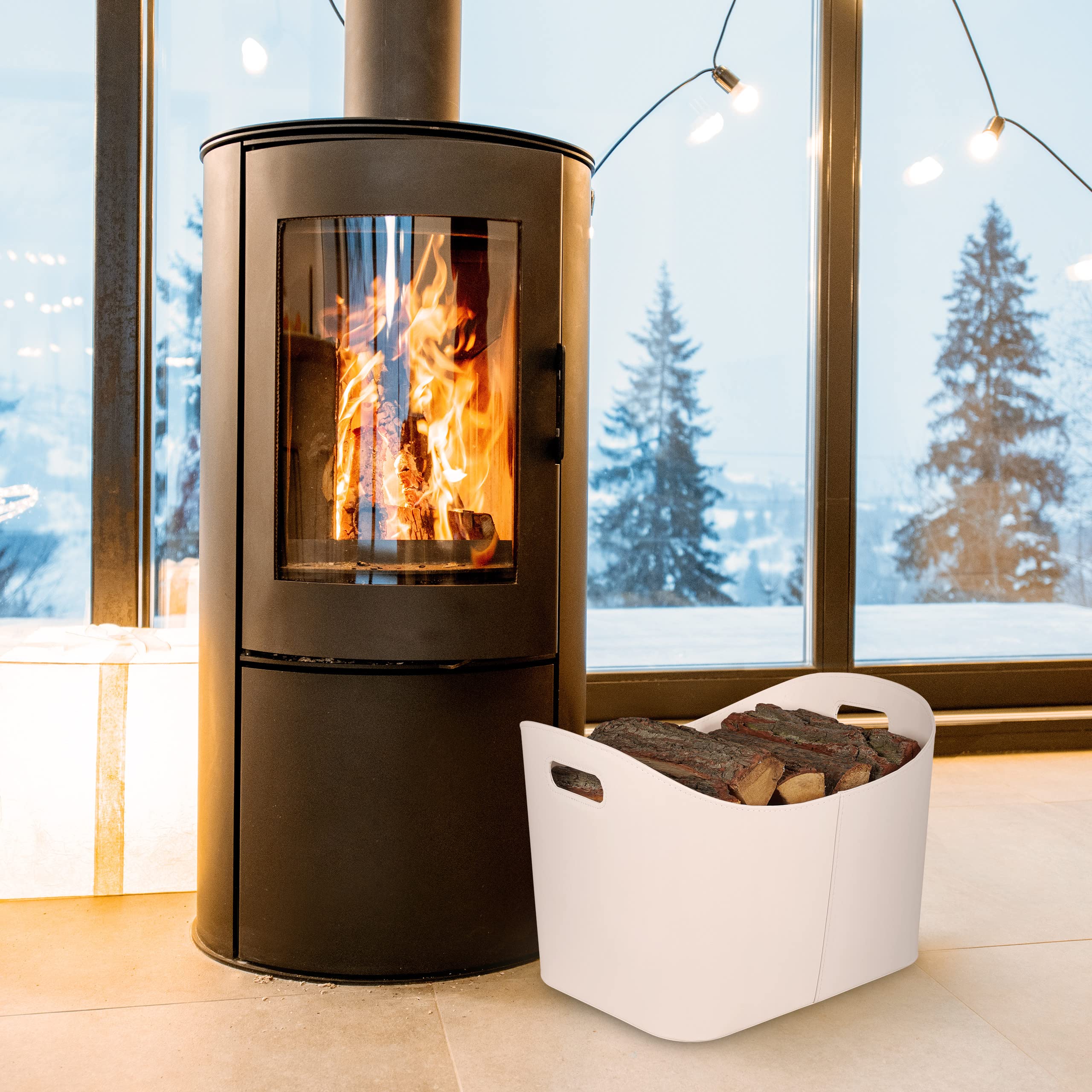 Relaxdays Cesta para Leña Piel Sintética XL, Canasto para Troncos con Asas, para Madera de Chimenea, Blanco Crema