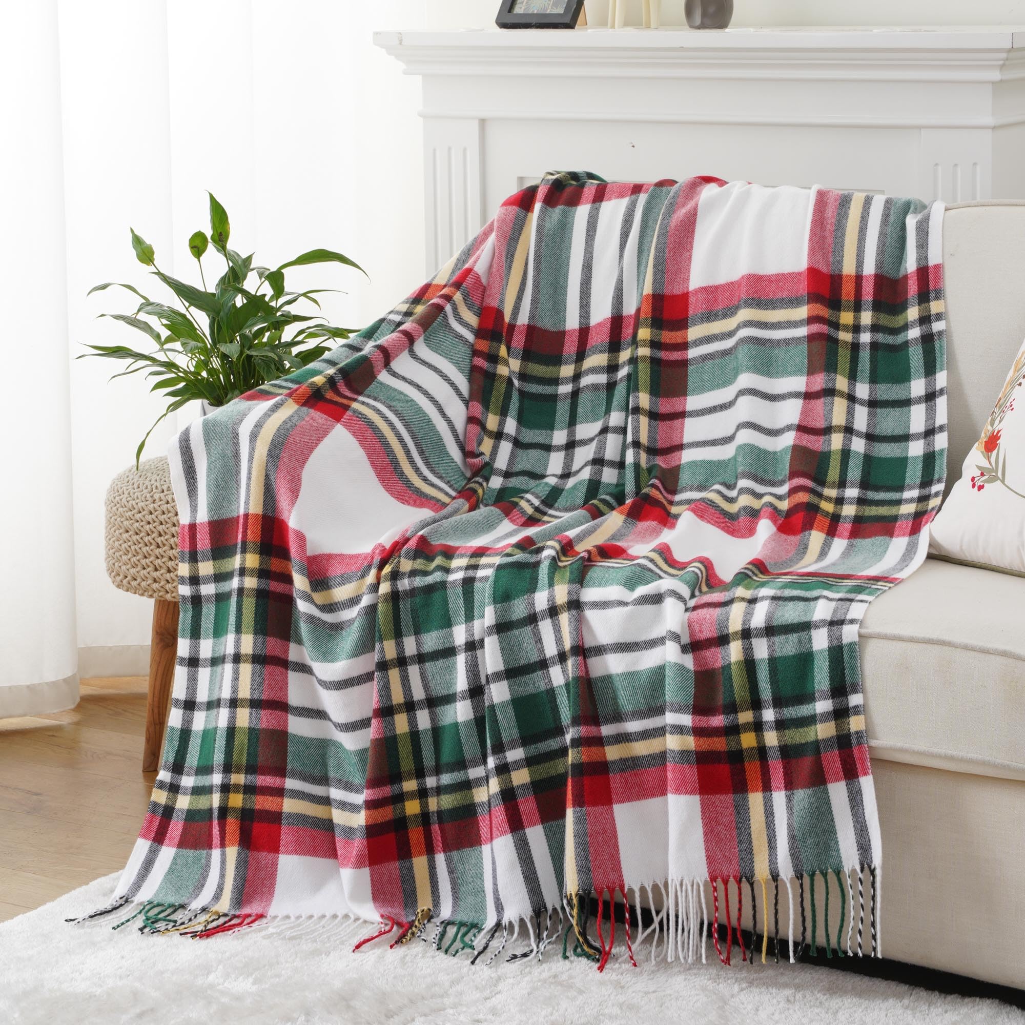 BATTILO HOME White Green Plaid Throw Blanket for Couch Bed Decorative Red Green Sofa Throws