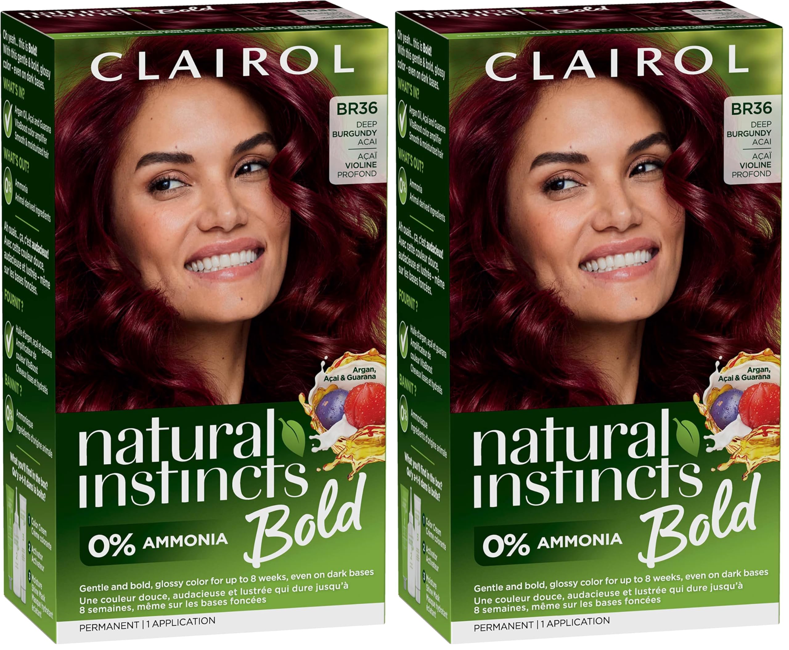 Clairol Natural Instincts Bold Permanent Hair Dye, BR36 Deep Burgundy Acai Hair Color, Pack of 2