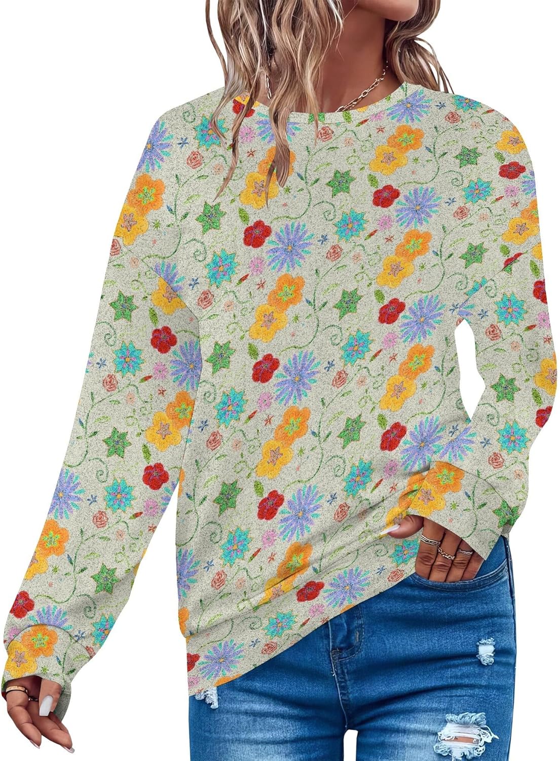 Sweatshirts For Women Retro Floral Long Sleeve Crewneck Sweatshirts Cute Comfy Fit ...