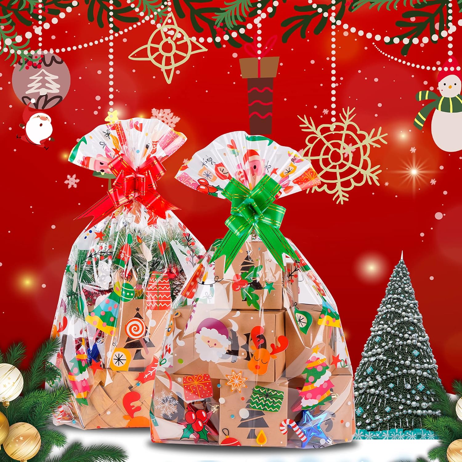 Kolewo4ever 20pcs Christmas Cellophane Basket Bags Snowman Santa Snowflake Wine Bottles Cellophane Wrap Set Include 10 Christmas Basket Bags with 10 Pull Bows (16 x 24 inches) - Image 5