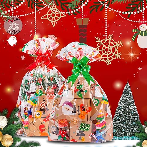 Miniatura 5 de Kolewo4ever Juego de 20 bolsas de celofán de Navidad, muñeco de nieve, Papá Noel, copo de nieve, botellas de vino, incluye 10 bolsas de cesta de