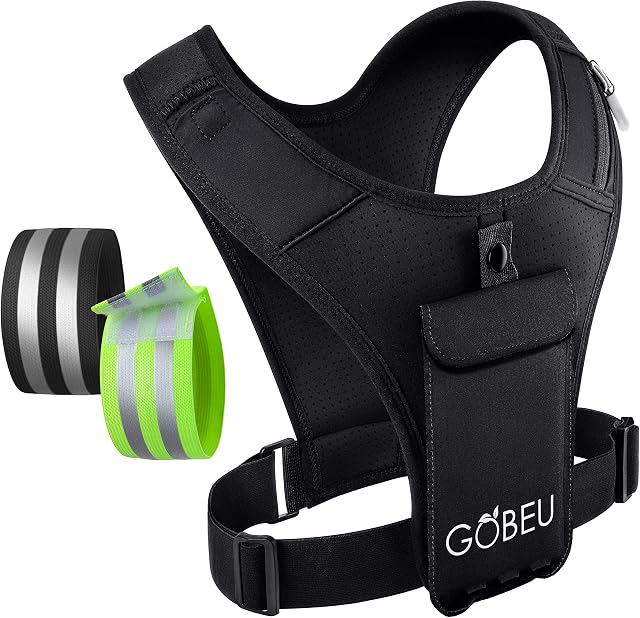 GOBEU Running Vest Phone Holder for Men & Women. Lightweight Phone Holder for Running with Water Bottle Pouch. Accessories Pockets. Men & Women's Sports Vests. Adjustable Reflective Running Vest