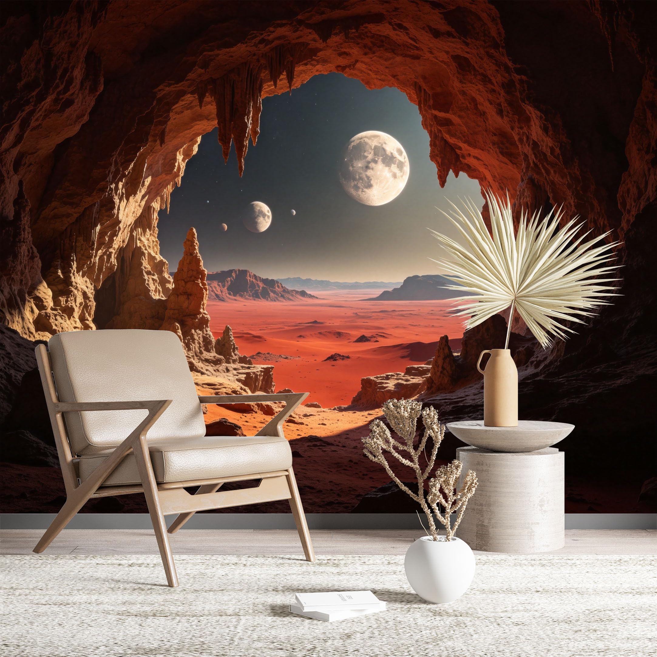 Custom Size Wall Murals Red Desert Seen Through Cave Arch HD Self-Adhesive Wall Fabric (NO PVC) Removable Wallpaper for Living Room Bedroom