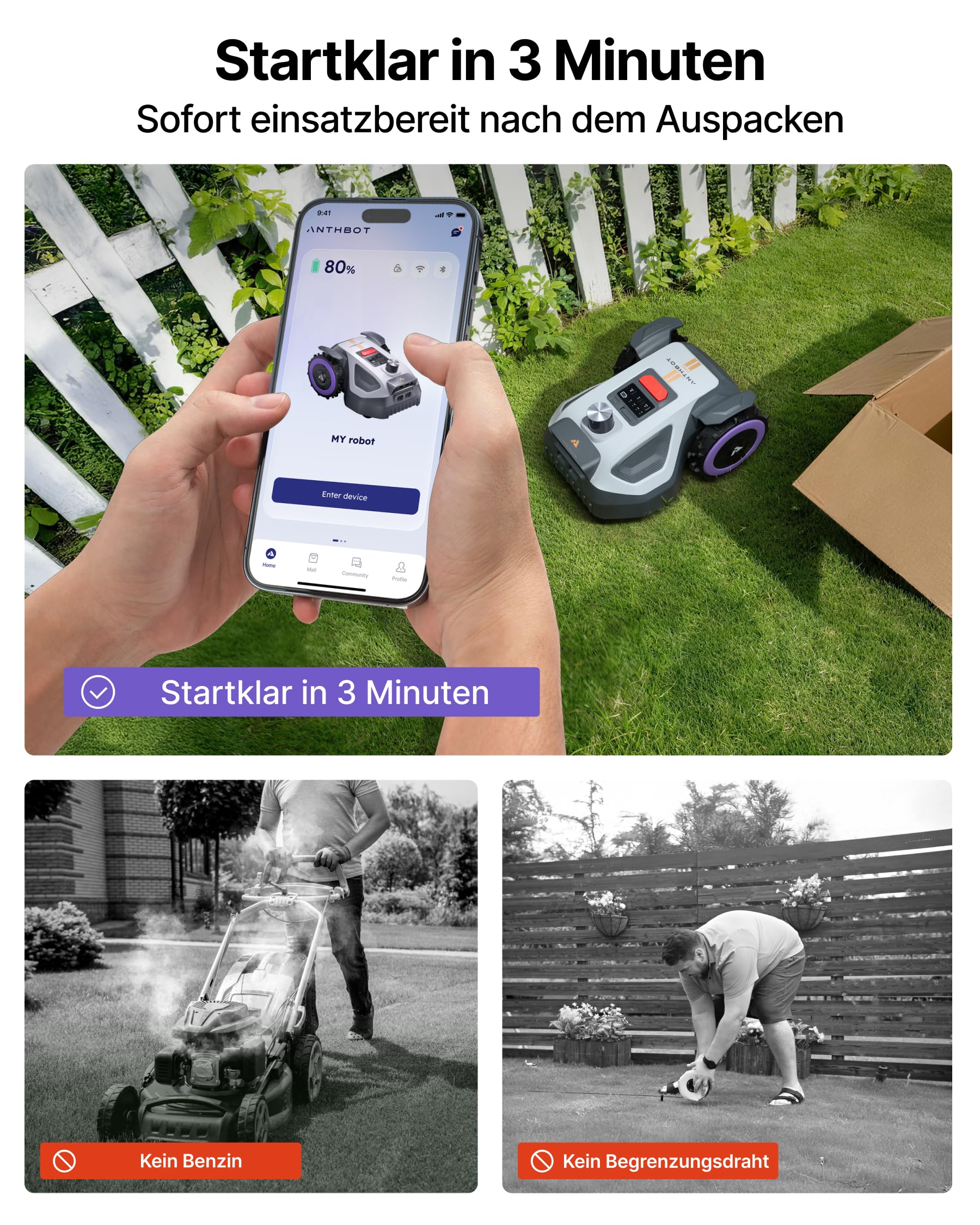 ANTHBOT M9 Pro Mähroboter ohne Begrenzungskabel – HoloSense 4-in-1 Navigation (360° LiDAR, RTK/NetRTK, Dual-Vision), 1000㎡, 45% Steigung, Schnitthöhe per App, Rasenmäher Roboter für komplexe Gärten
