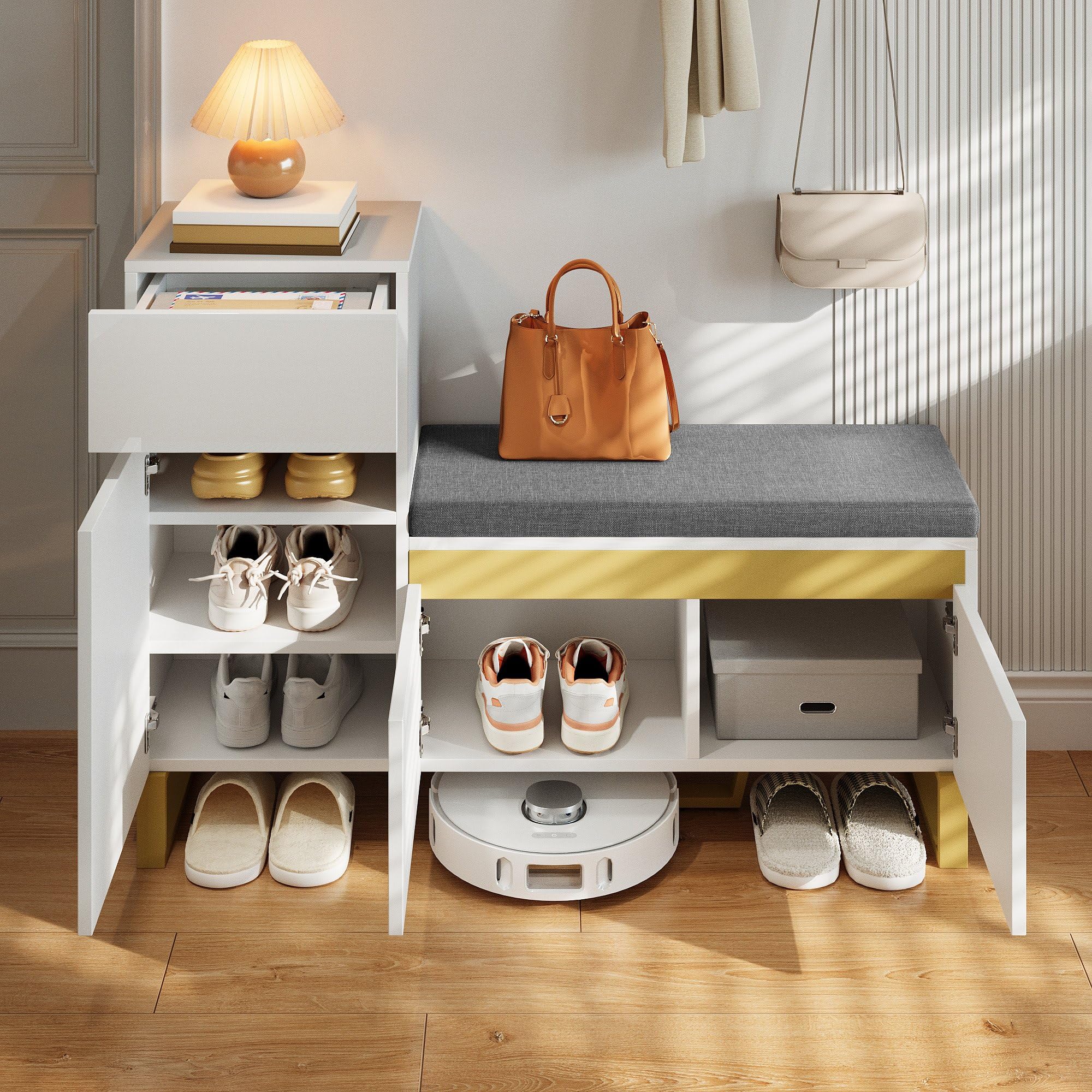 Szafka na buty z półką na buty, biała, MDF, 120 x 35 x 85 cm, z szufladami i drzwiami, wielopoziomowa, nowoczesny, minimalistyczny styl, do przedpokoju