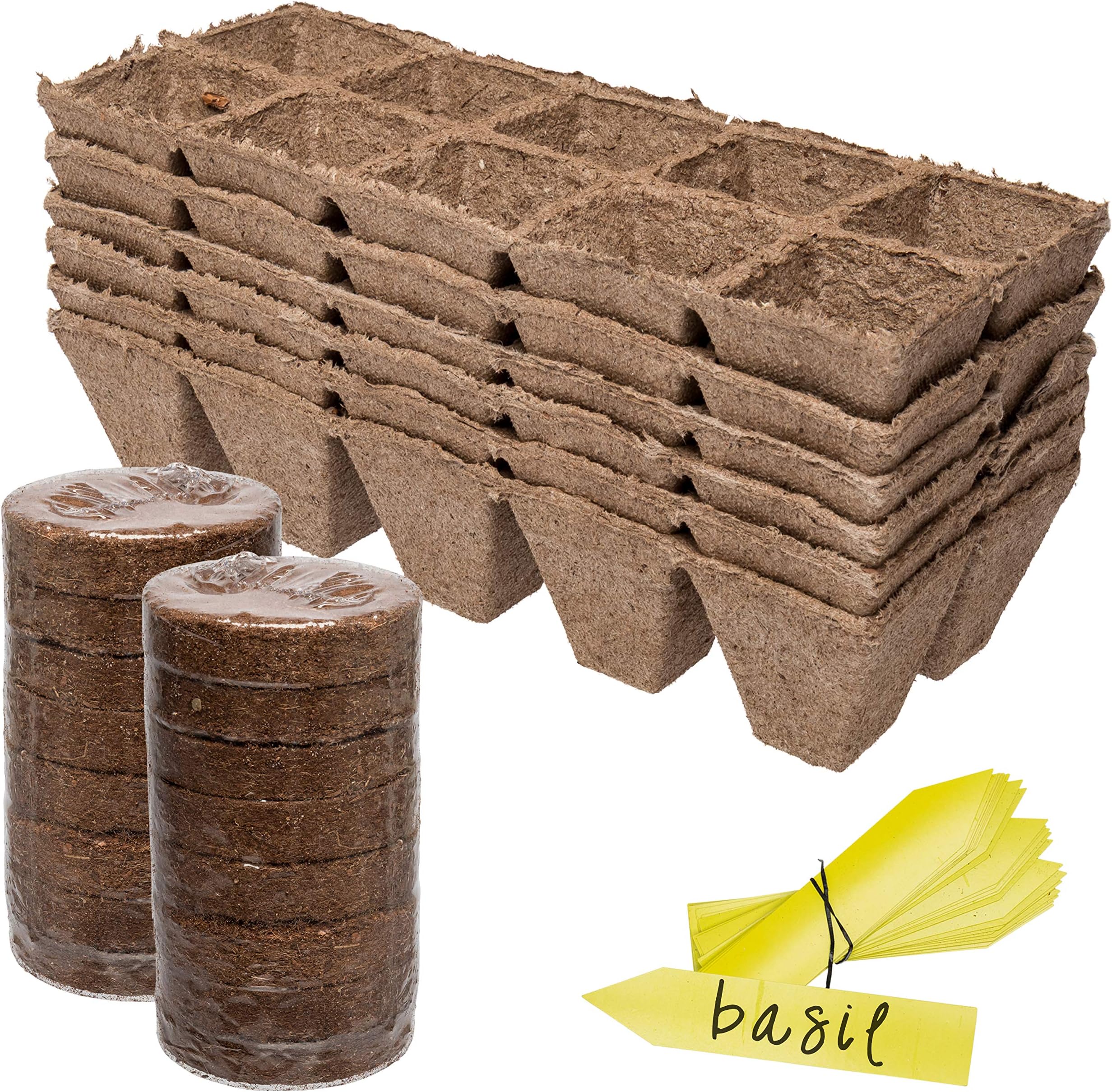 Germination Tray & Soil Starter Pack | 6 Pack of 10 Cell Starter Peat Trays (60 Cells) - 16 Peat Wafer Soil Disks & 10 Easy Read Label Tags | Reusable Potting Seed Starters & Soil