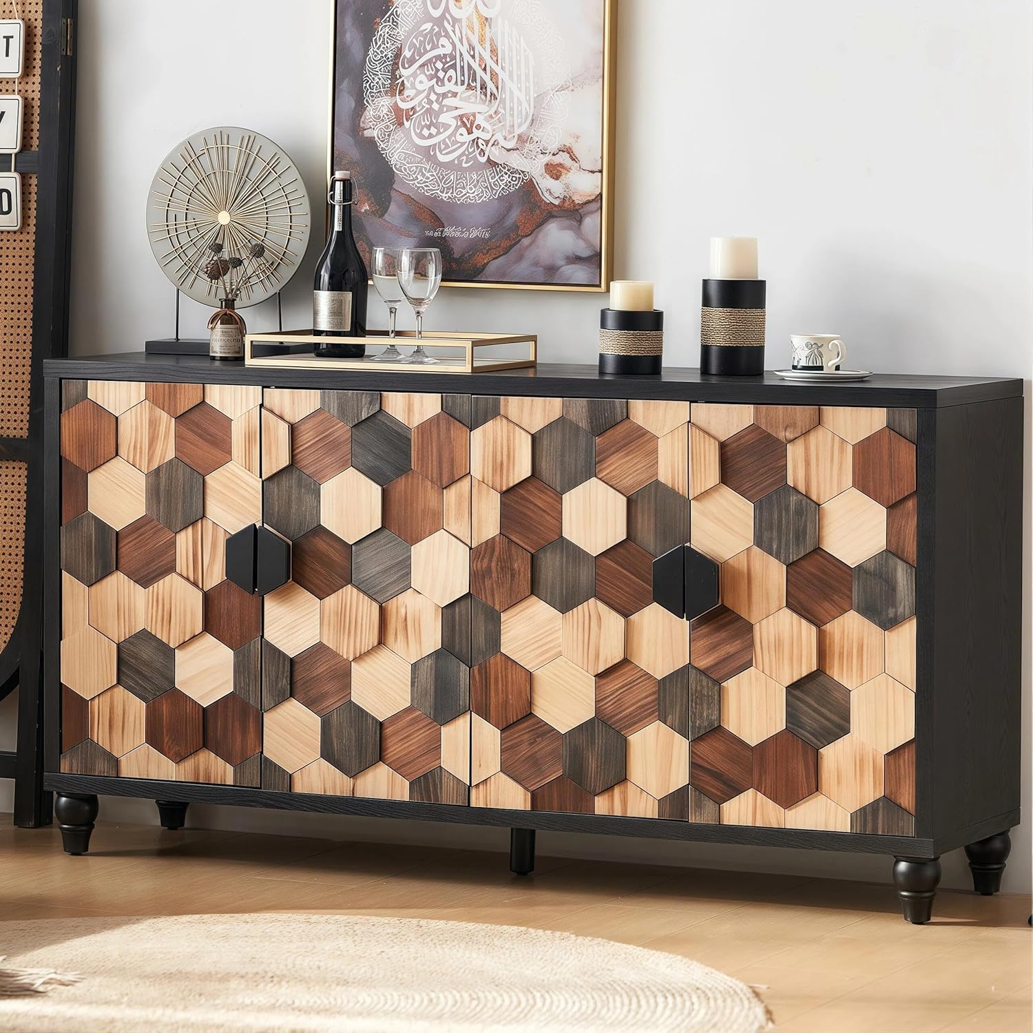 60" Distressed Buffet Cabinet with Honeycomb Pattern,4 Door Storage Cabinet with Sturdy Wood Legs,Modern Buffet Cabinets,Wood Sideboard Cabinets for Living Room