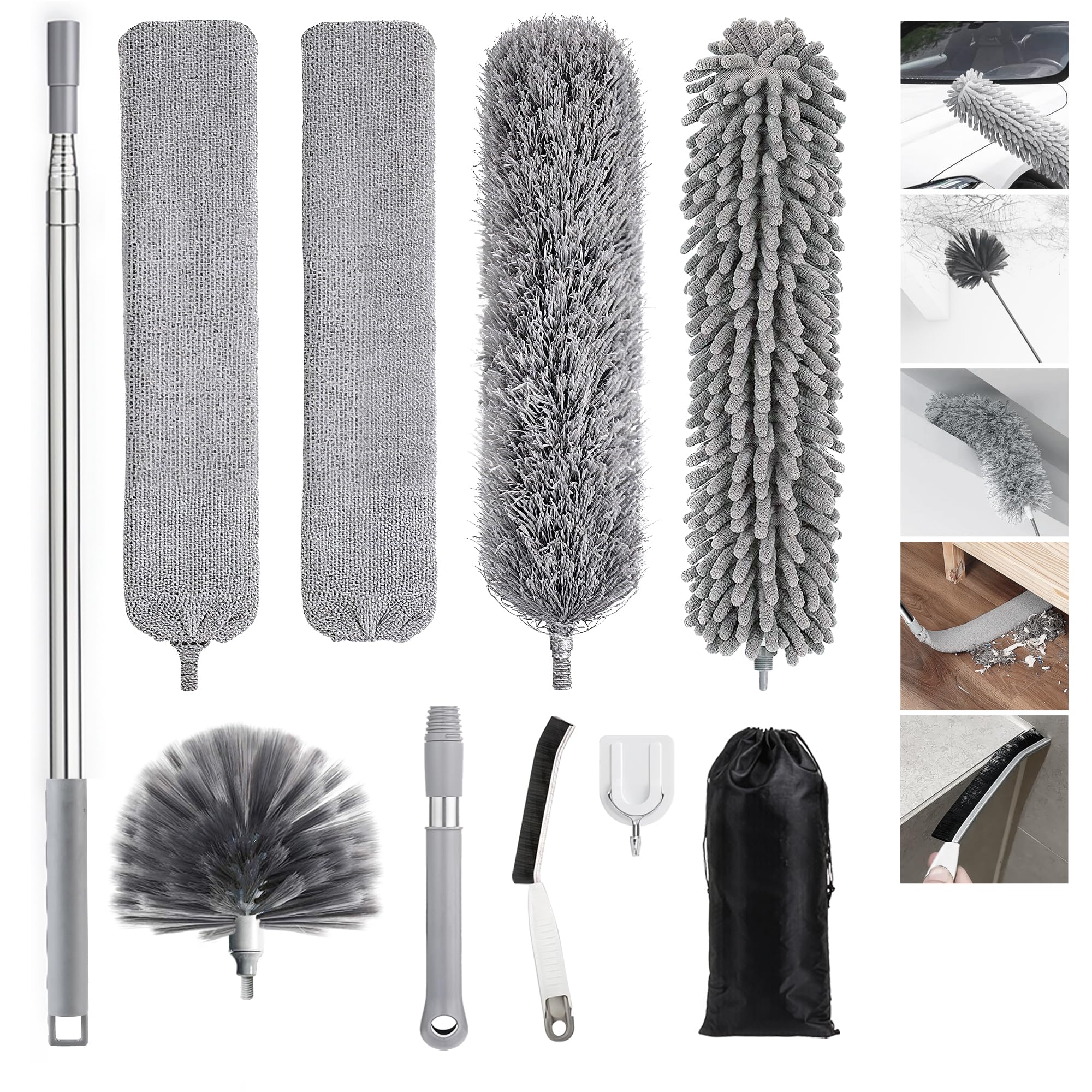 Overcomo Grey 10Pcs Extendable Feather Duster Kit,Telescopic Pole Dusters Up To 100Inch,2-Grip Design And 4 Interchangeable Washable Cleaning Heads With Storage Bag For Home,Ceiling,Corners & Deep Cleaning