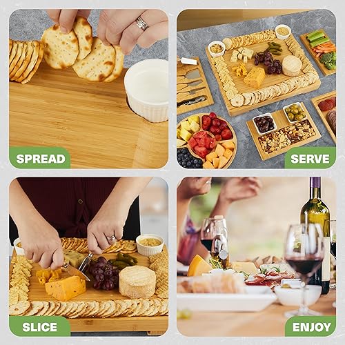 Miniatura 8 de Juego de regalo de tabla de charcutería, tabla de queso de bambú expandible con utensilios de servir de acero inoxidable, cuencos de cerámica,