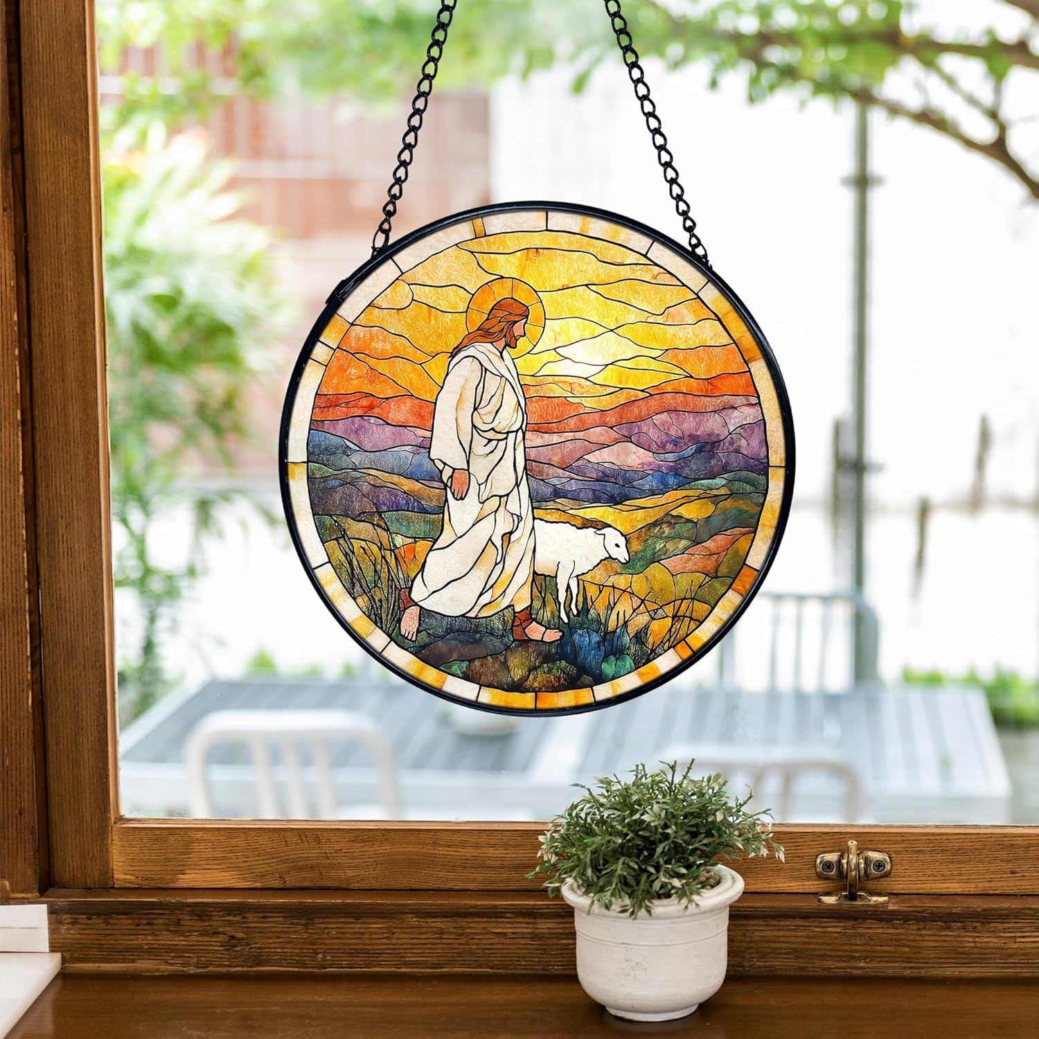 TNUW Jesus and Lamb Christian Stained Glass Window Hanging, Religious Jesus Rustic Landscape Sun Catchers Indoor Window Glass Round Wall Art Decor, Christian Wall Hanging Decorations, 7.9＂x7.9＂