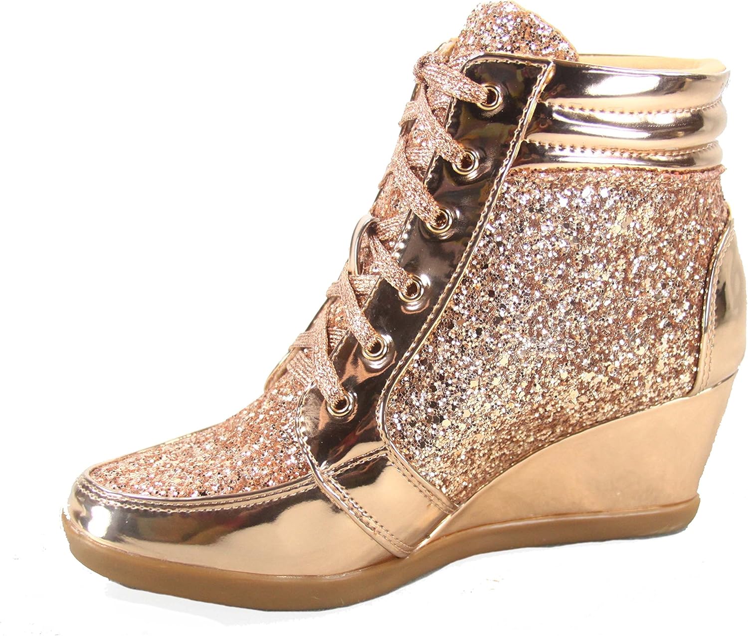 Forever Link Peggy-44 Women's Fashion Glitter High Top Lace Up Wedge Sneaker Shoes (5 B(M) US, Rose Gold) - Image 2
