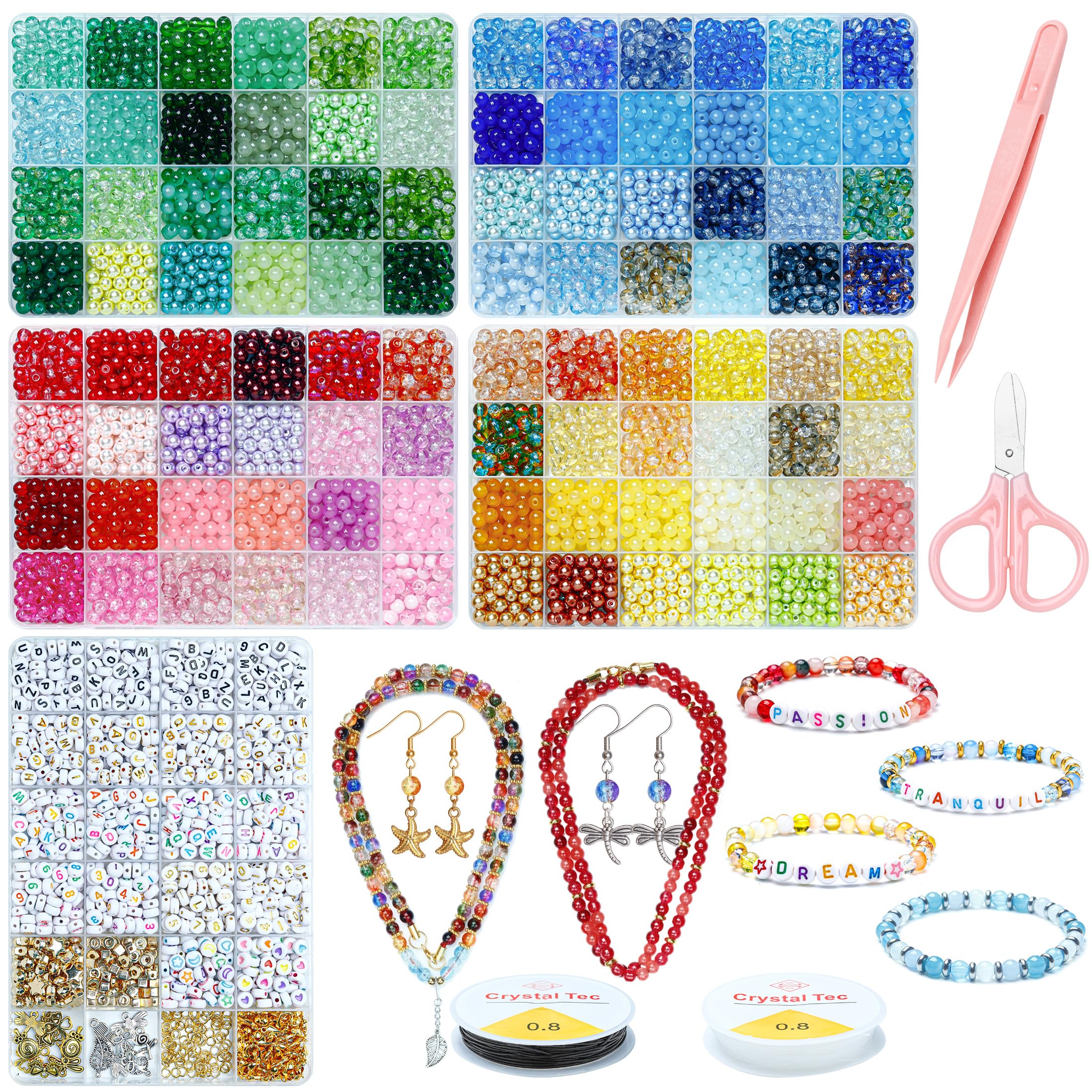 Glasperlen-Set, 6 mm, runde Perlen in 96 Farben, für Schmuckherstellung, 3056 Stück